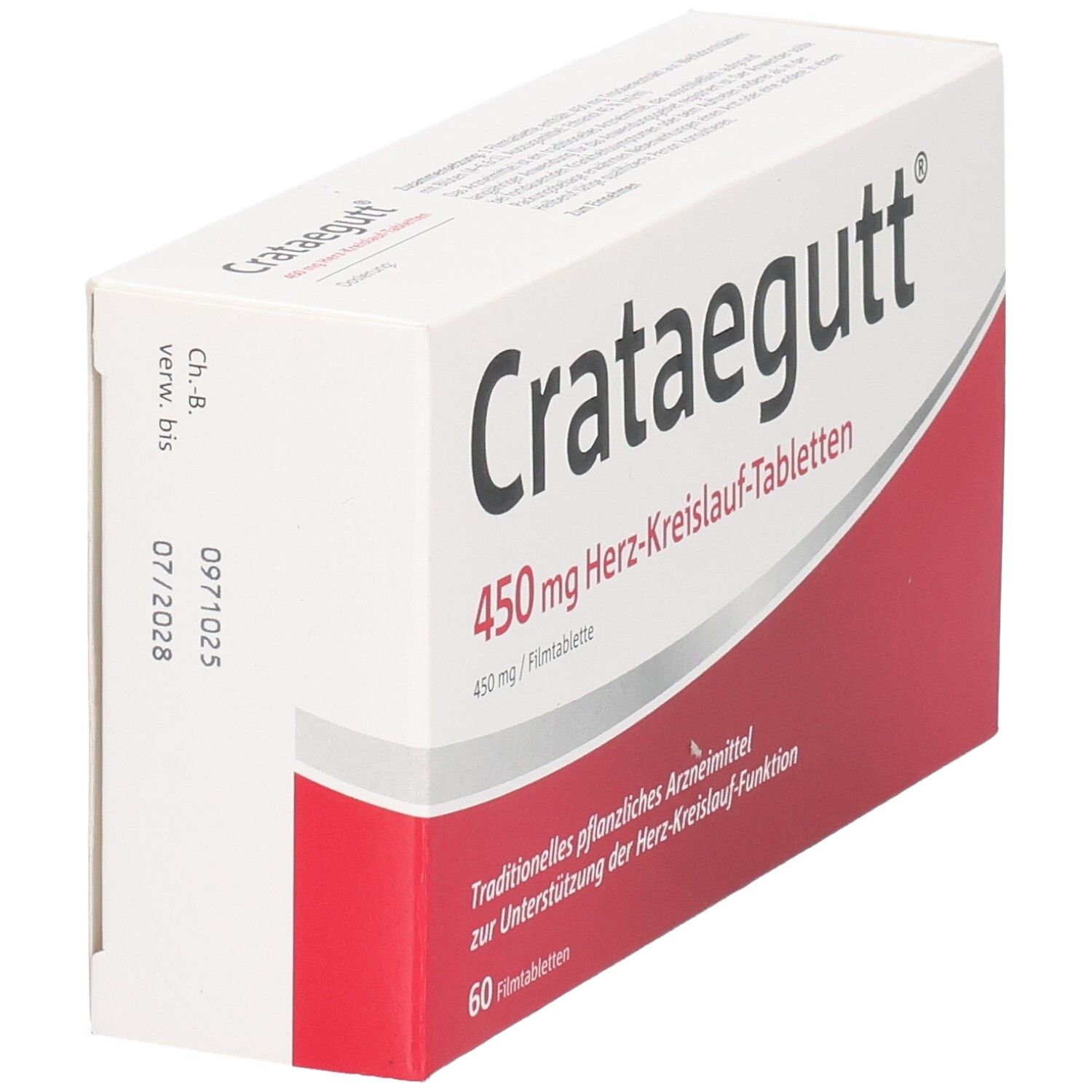 Schachtel CRATAEGUTT 450 mg Herz-Kreislauf-Tabletten. Rote und weiße Verpackung. 60 Filmtabletten. Detailansicht.