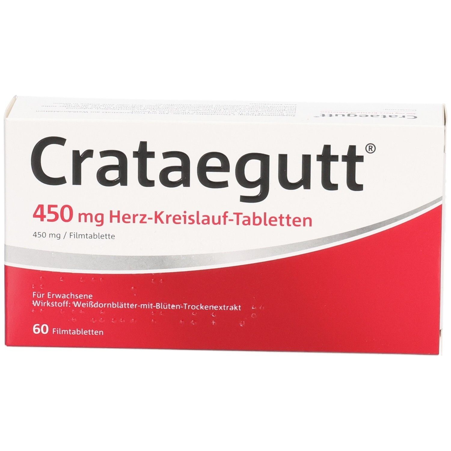 Schachtel CRATAEGUTT 450 mg Herz-Kreislauf-Tabletten. Rote und weiße Verpackung. 60 Filmtabletten. Nahaufnahme.