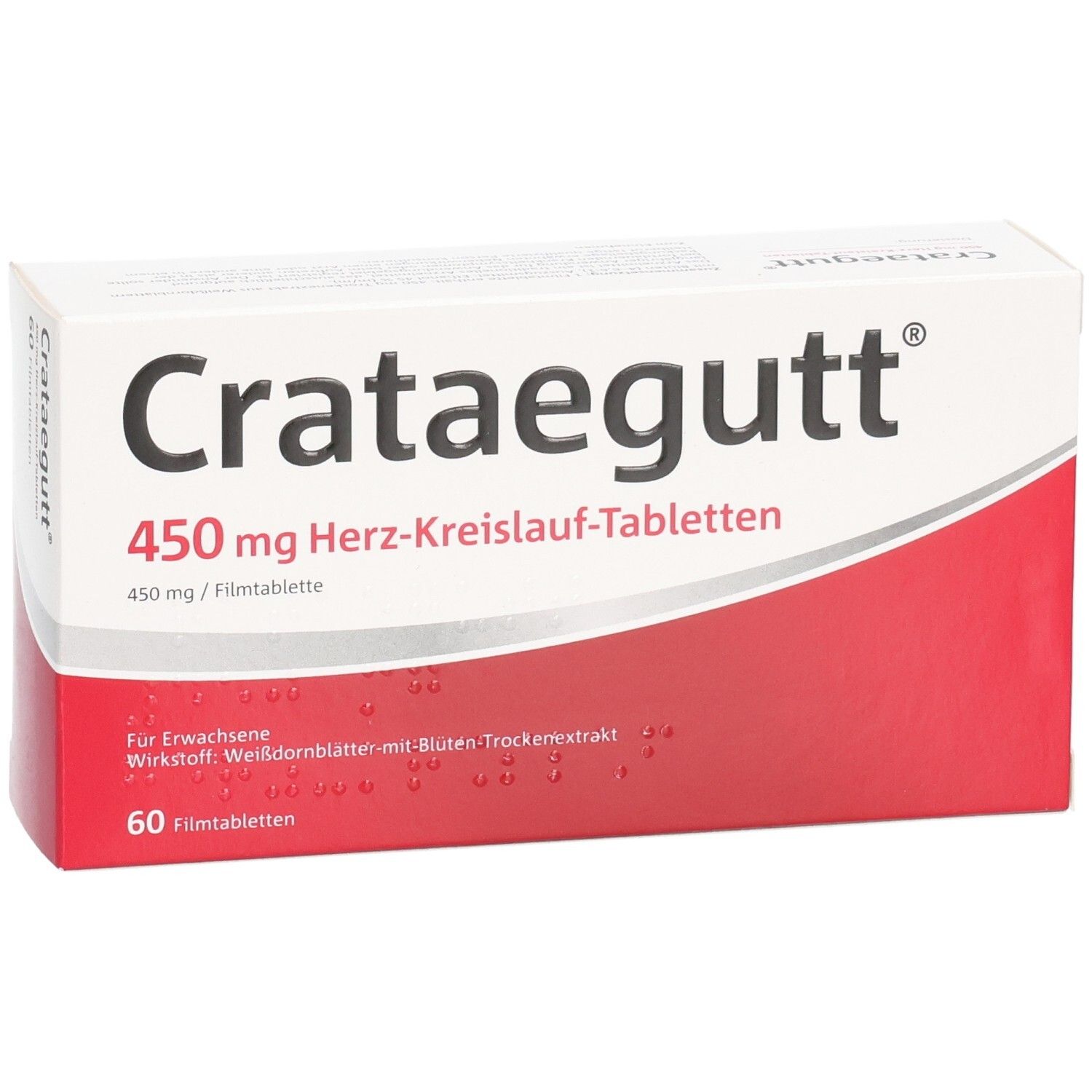 Schachtel CRATAEGUTT 450 mg Herz-Kreislauf-Tabletten. Rote und weiße Verpackung. 60 Filmtabletten. Vorderansicht.