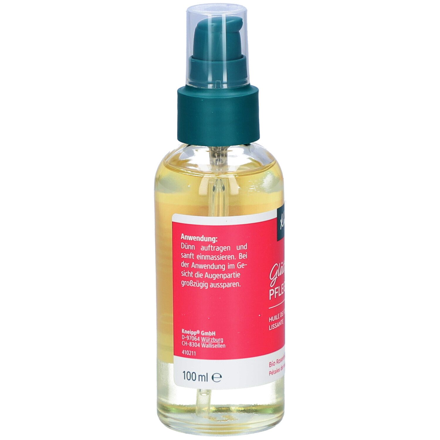 Glasflasche mit Pflegeöl und Sprühkopf. Roter Aufkleber mit Produktbezeichnung und Anwendungs-Hinweisen. 100 ml-Angabe.