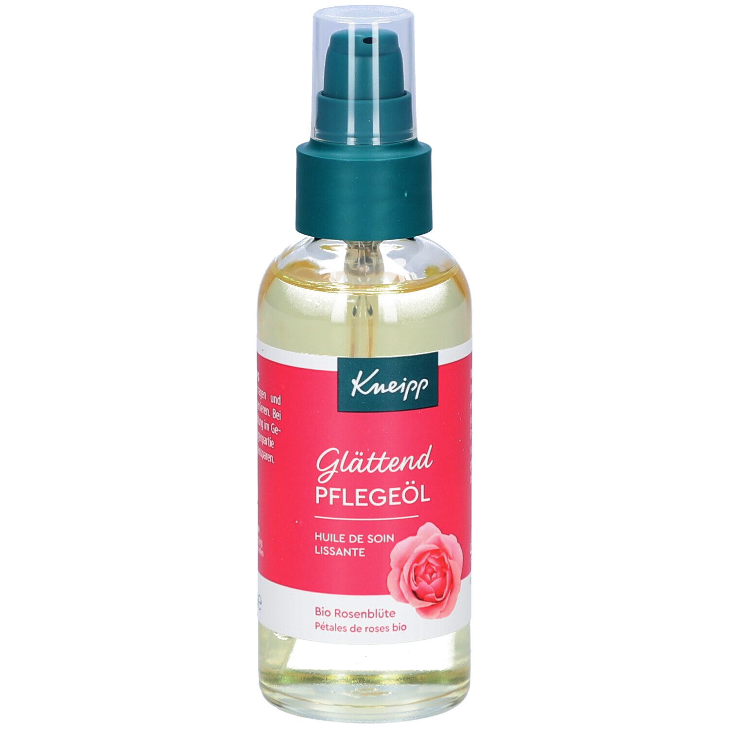 Glasflasche mit Pflegeöl und Sprühkopf. Roter Aufkleber mit Produktbezeichnung, Rosenblüten-Illustration und Markennamen.