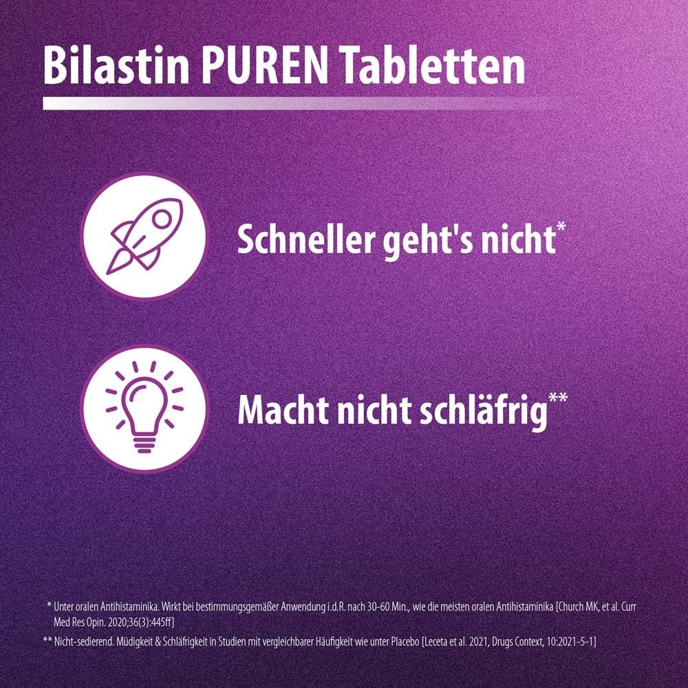 Lila Hintergrund mit Text: Schneller geht's nicht*. Macht nicht schläfrig**. Text unterhalb: Bilastin PUREN Tabletten.