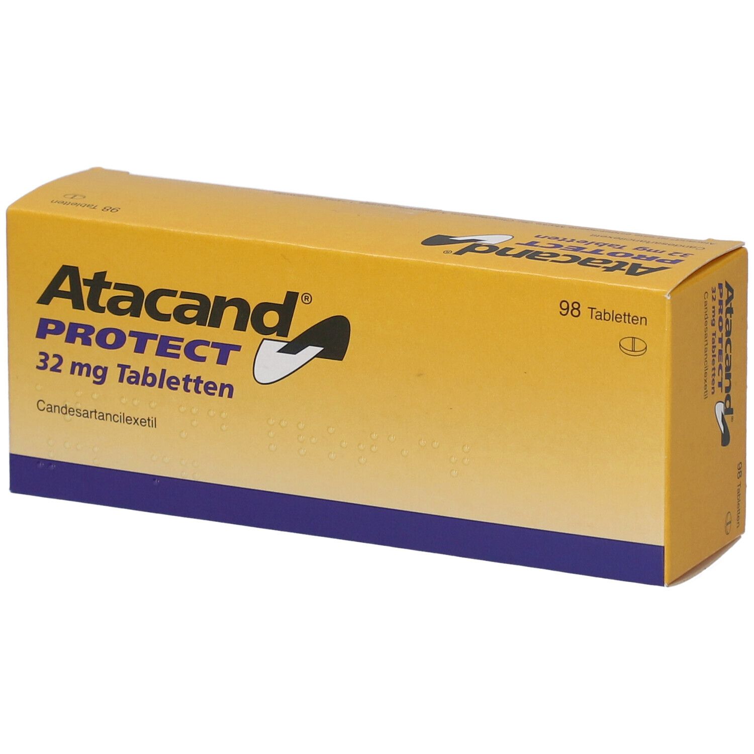Gelbe Schachtel mit Aufschrift Atacand PROTECT 32 mg Tabletten. Enthält 98 Tabletten.