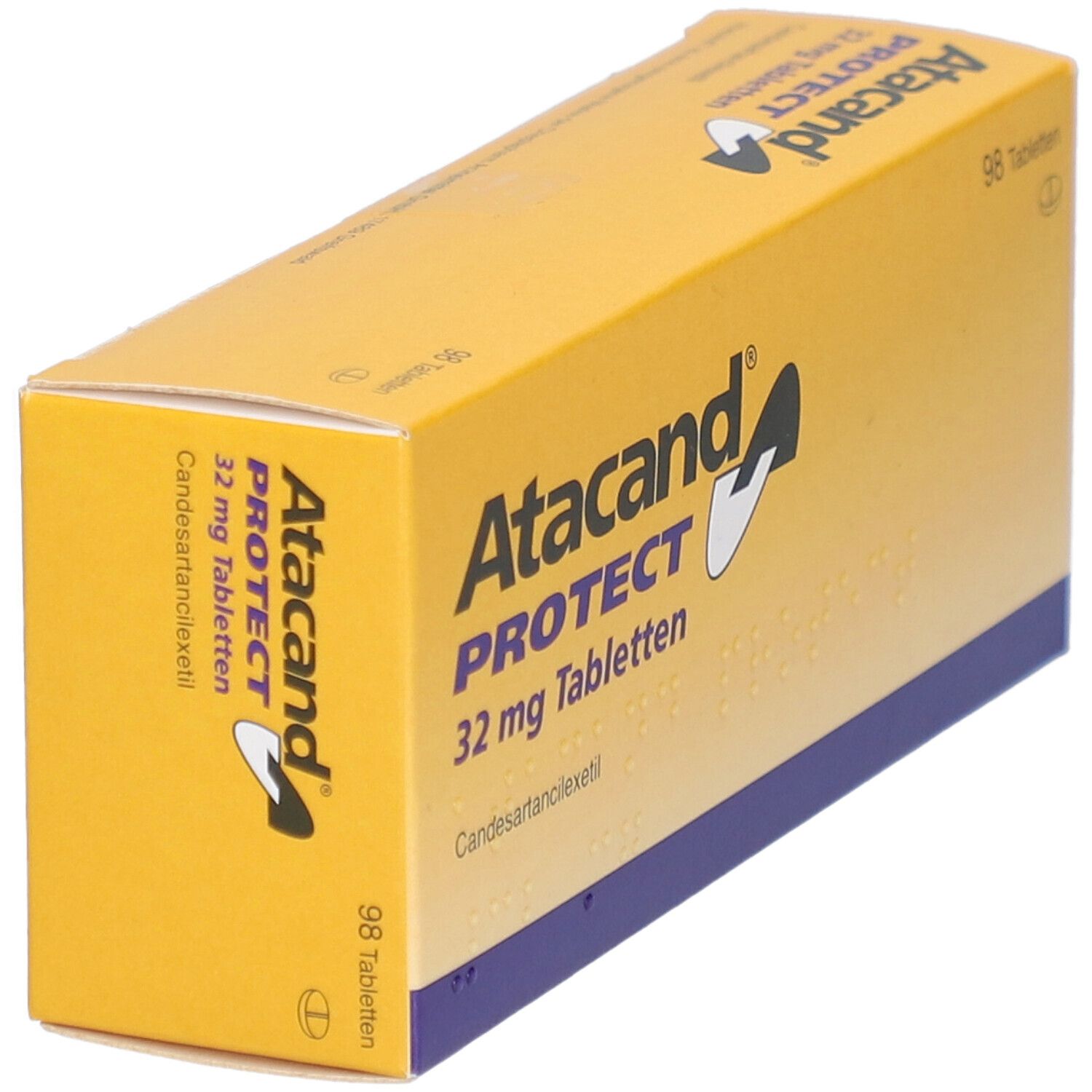 Gelbe Schachtel mit Atacand PROTECT 32 mg Tabletten. 98 Tabletten. Ansicht schräg von vorne.