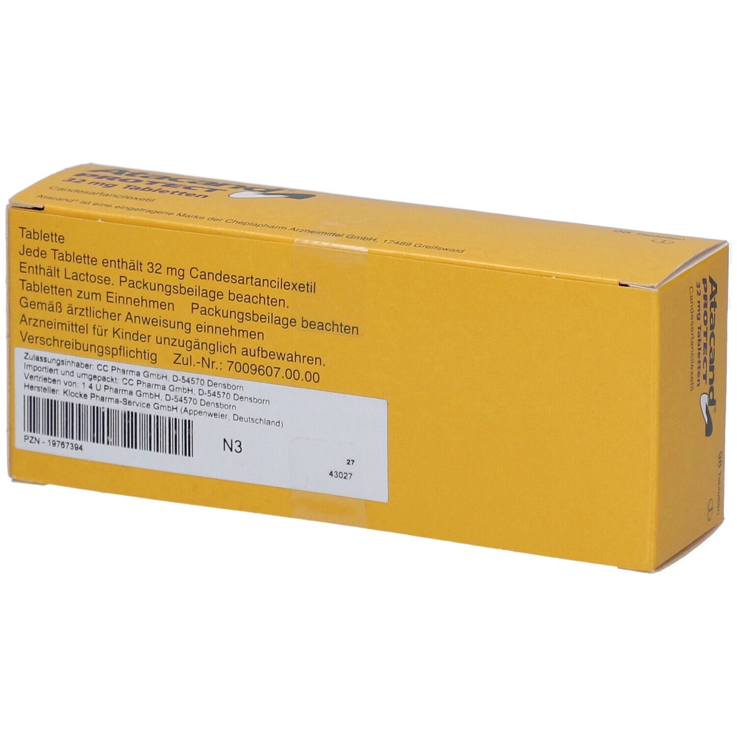 Rückseite der gelben Schachtel mit Informationen zu Atacand PROTECT 32 mg Tabletten.