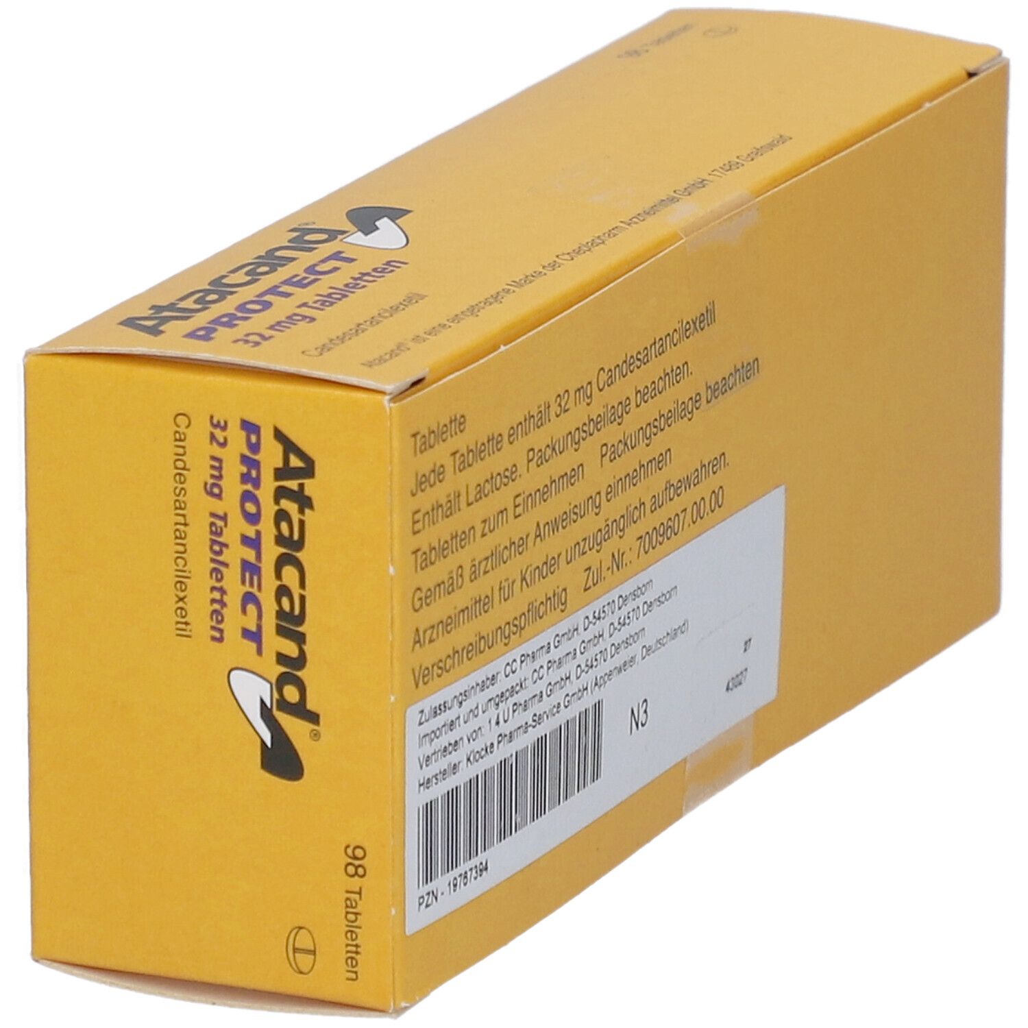Gelbe Schachtel mit Informationen zu Atacand PROTECT 32 mg Tabletten. Rückseite und Seite.