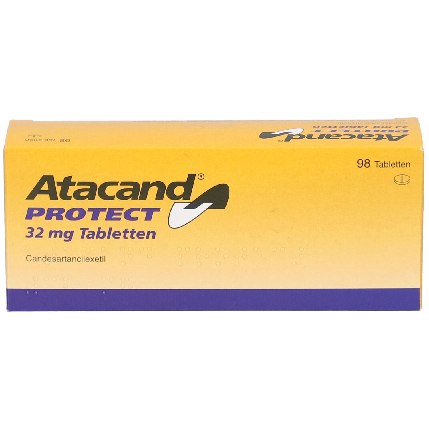 Gelbe Schachtel mit Atacand PROTECT 32 mg Tabletten. Enthält 98 Tabletten. Vorderansicht.