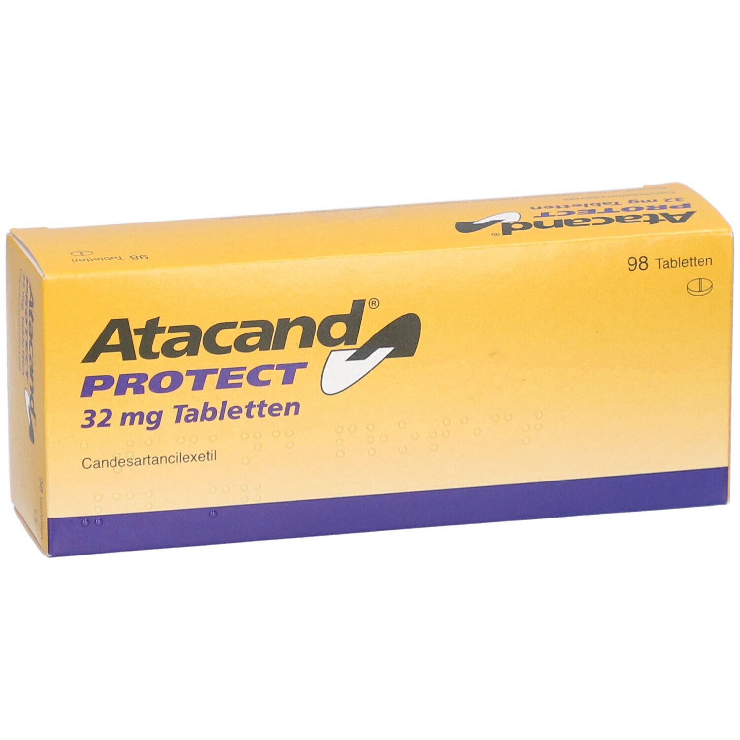 Gelbe Schachtel 'Atacand PROTECT 32 mg Tabletten'. Aufschrift und Logo deutlich sichtbar. 98 Tabletten.