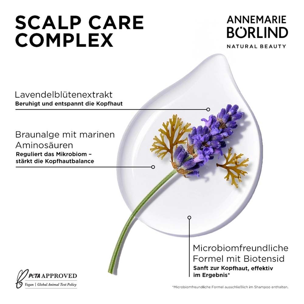 Weiße Form mit Lavendelblüten und Text. Text: SCALP CARE COMPLEX, Lavendelblütenextrakt, Braunalge mit Aminosäuren, Formel mit Biotensid.