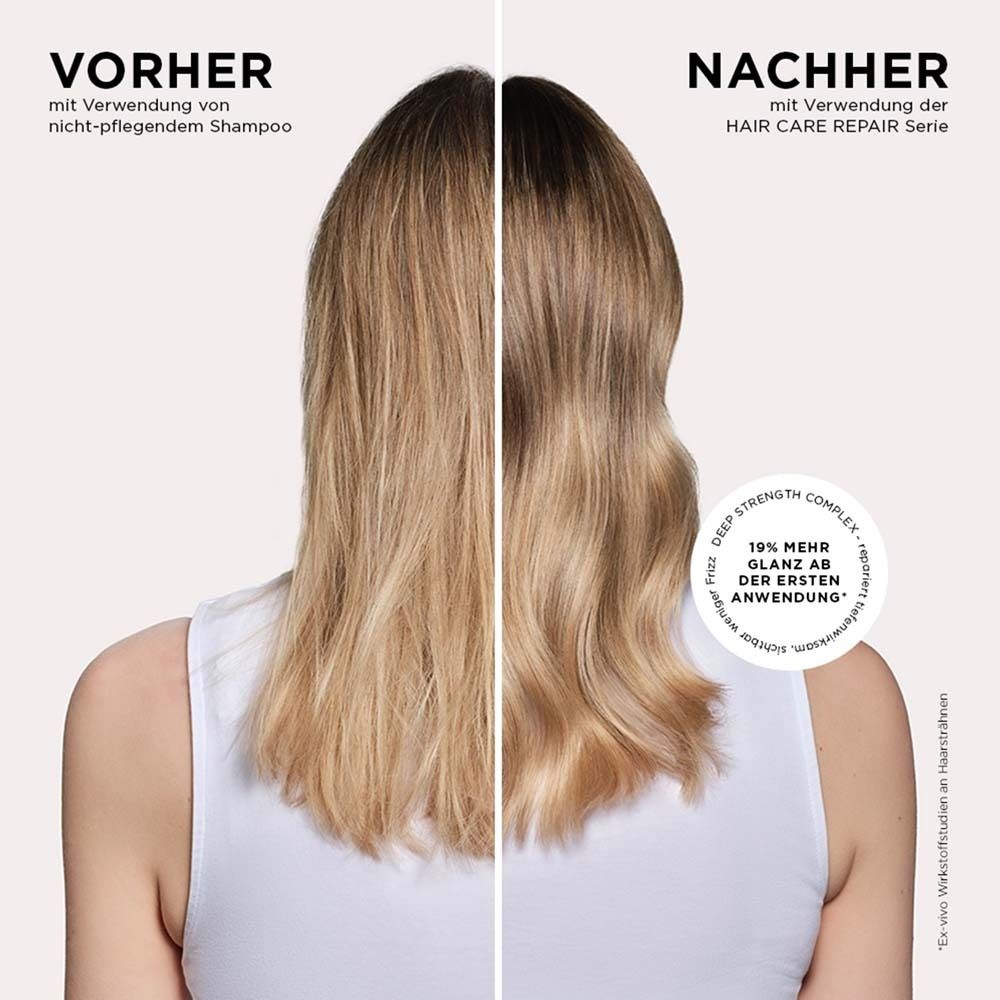 Vergleich von Haaren: Vorher und Nachher. Links: nicht-pflegendes Shampoo. Rechts: Hair Care Repair Serie. 19% mehr Glanz.