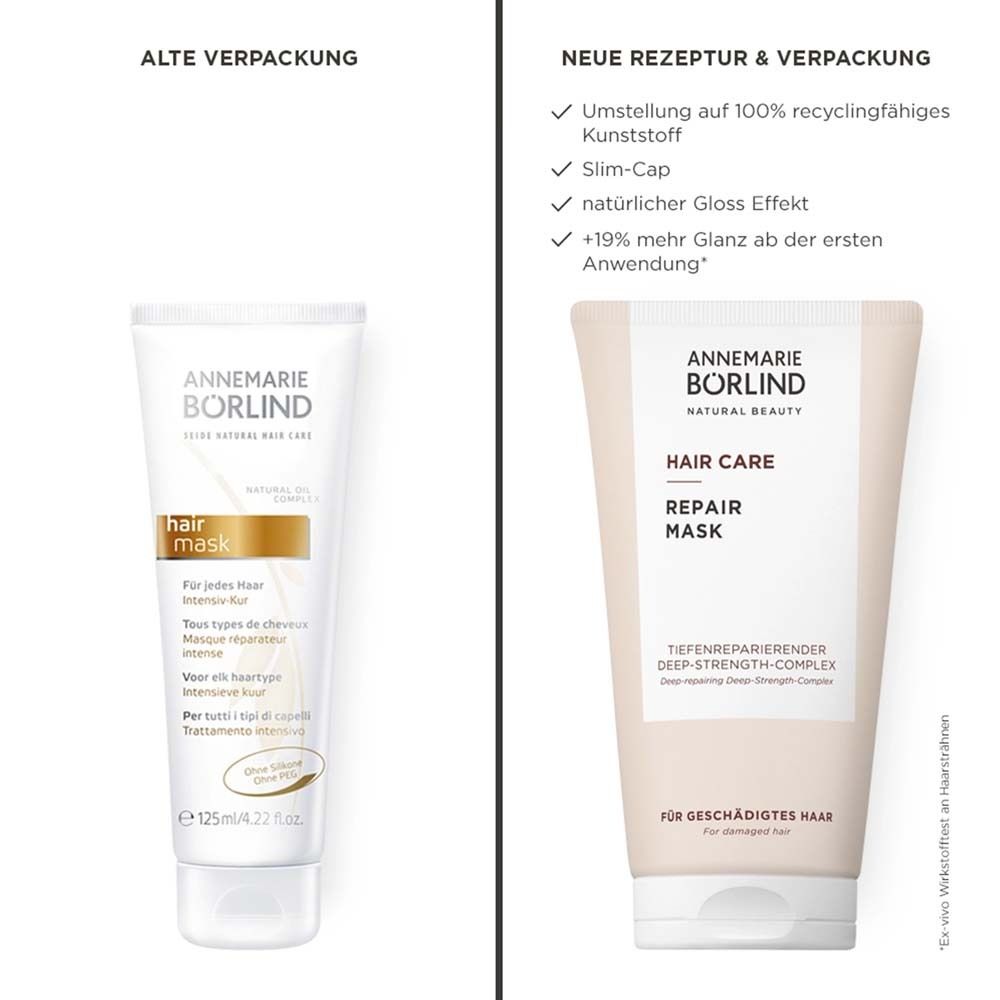 Vergleich: Alte und neue Verpackung. Neue Verpackung: Hair Care Repair Mask. 100% recycelbar, Slim-Cap.