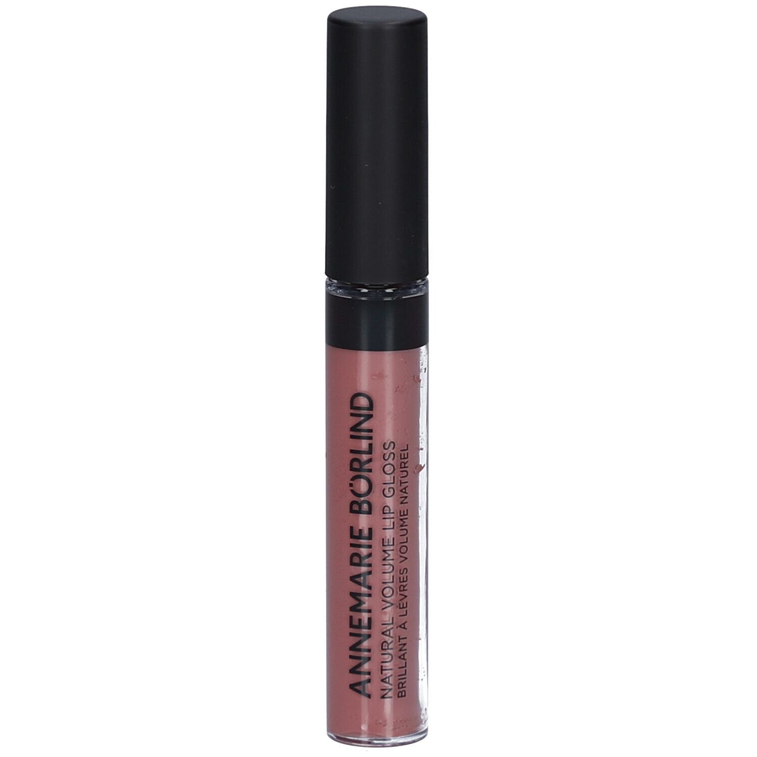 Lipgloss mit schwarzem Deckel. Aufschrift: ANNEMARIE BÖRLIND NATURAL VOLUME LIP GLOSS. Farbton: nude hug.
