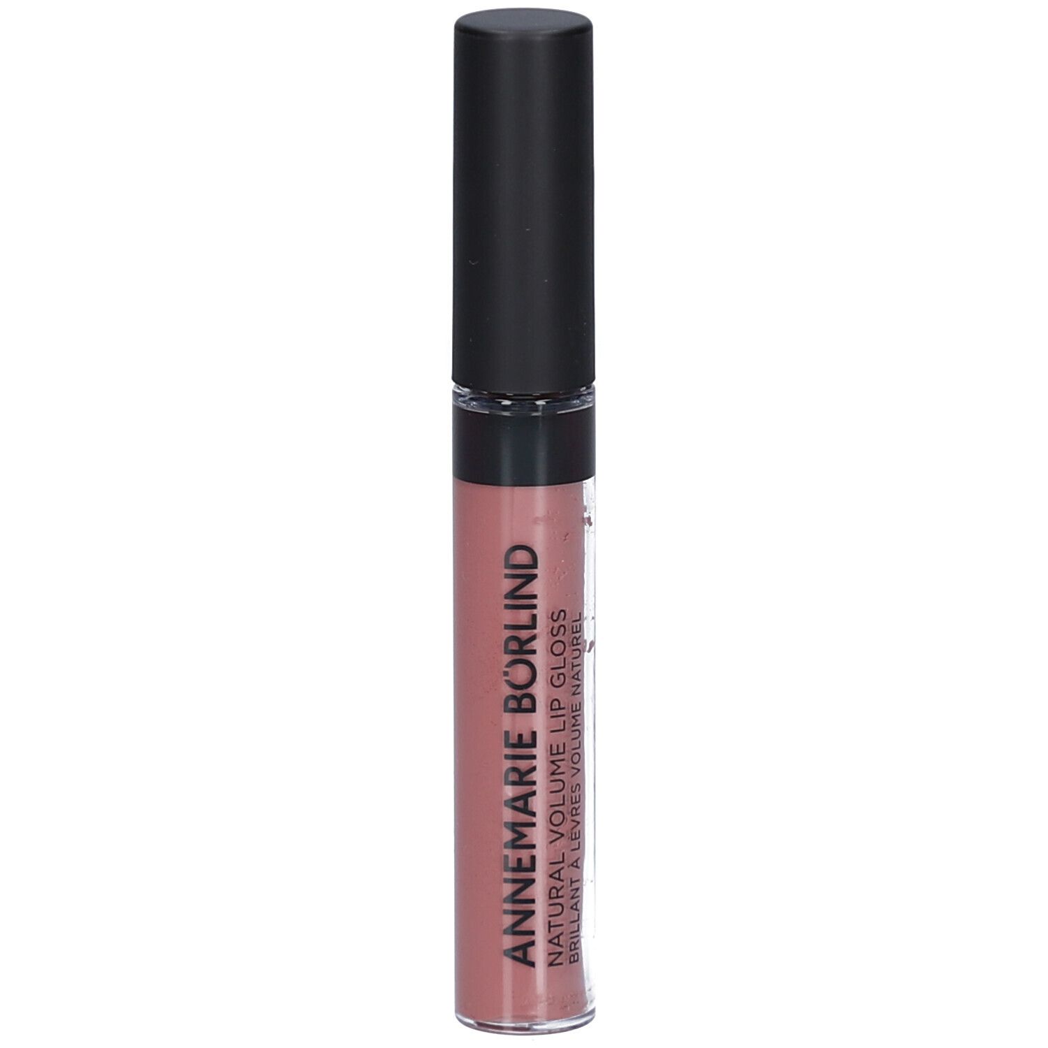Lipgloss mit schwarzem Deckel. Aufschrift: ANNEMARIE BÖRLIND NATURAL VOLUME LIP GLOSS. Farbton: nude hug.