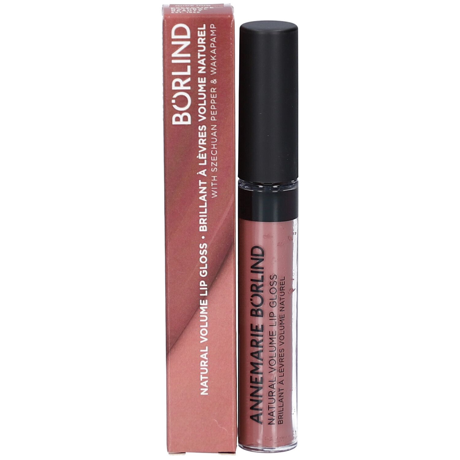 Lipgloss mit Verpackung. Aufschrift: BÖRLIND, ANNEMARIE BÖRLIND NATURAL VOLUME LIP GLOSS. Farbton: nude hug.