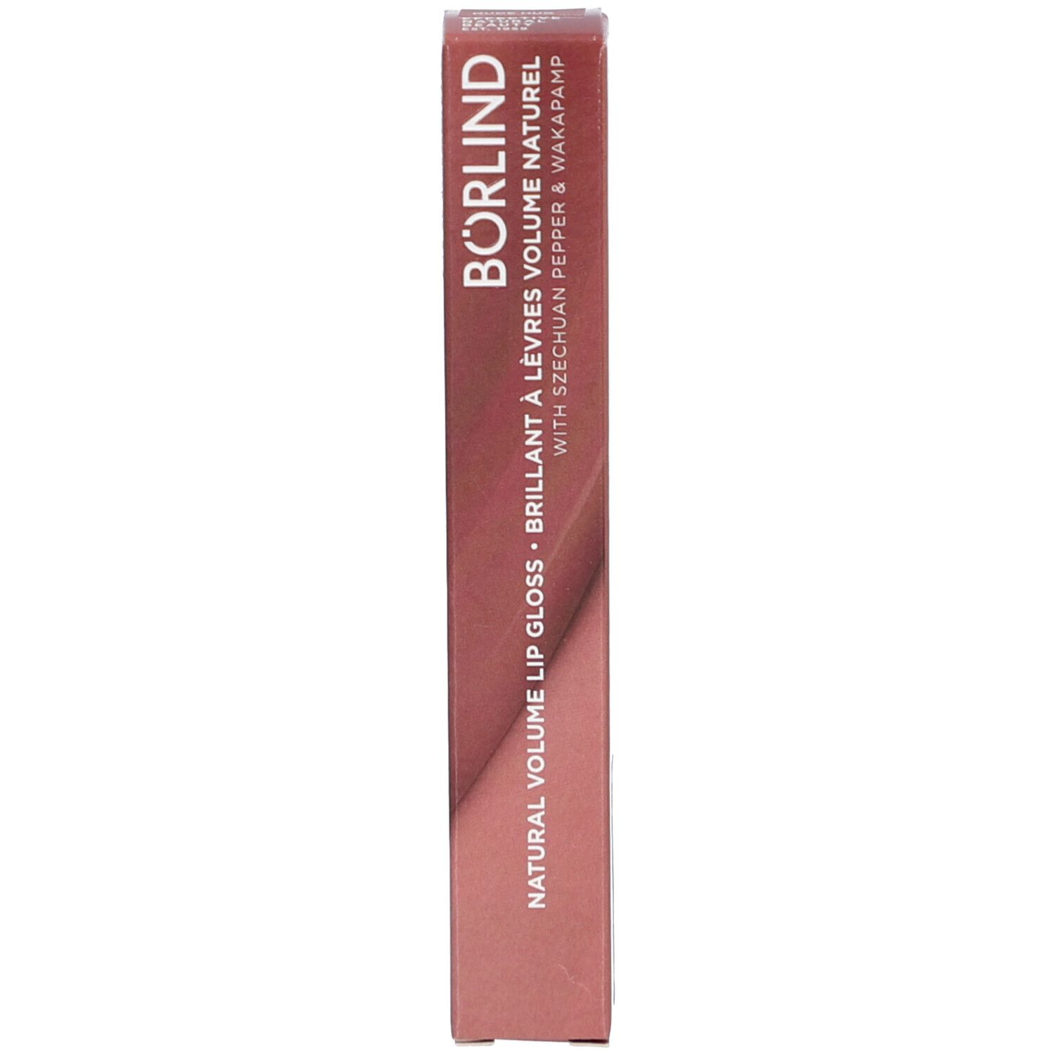 Verpackung des Lipgloss. Aufschrift: BÖRLIND, ANNEMARIE BÖRLIND NATURAL VOLUME LIP GLOSS. Farbton: nude hug.