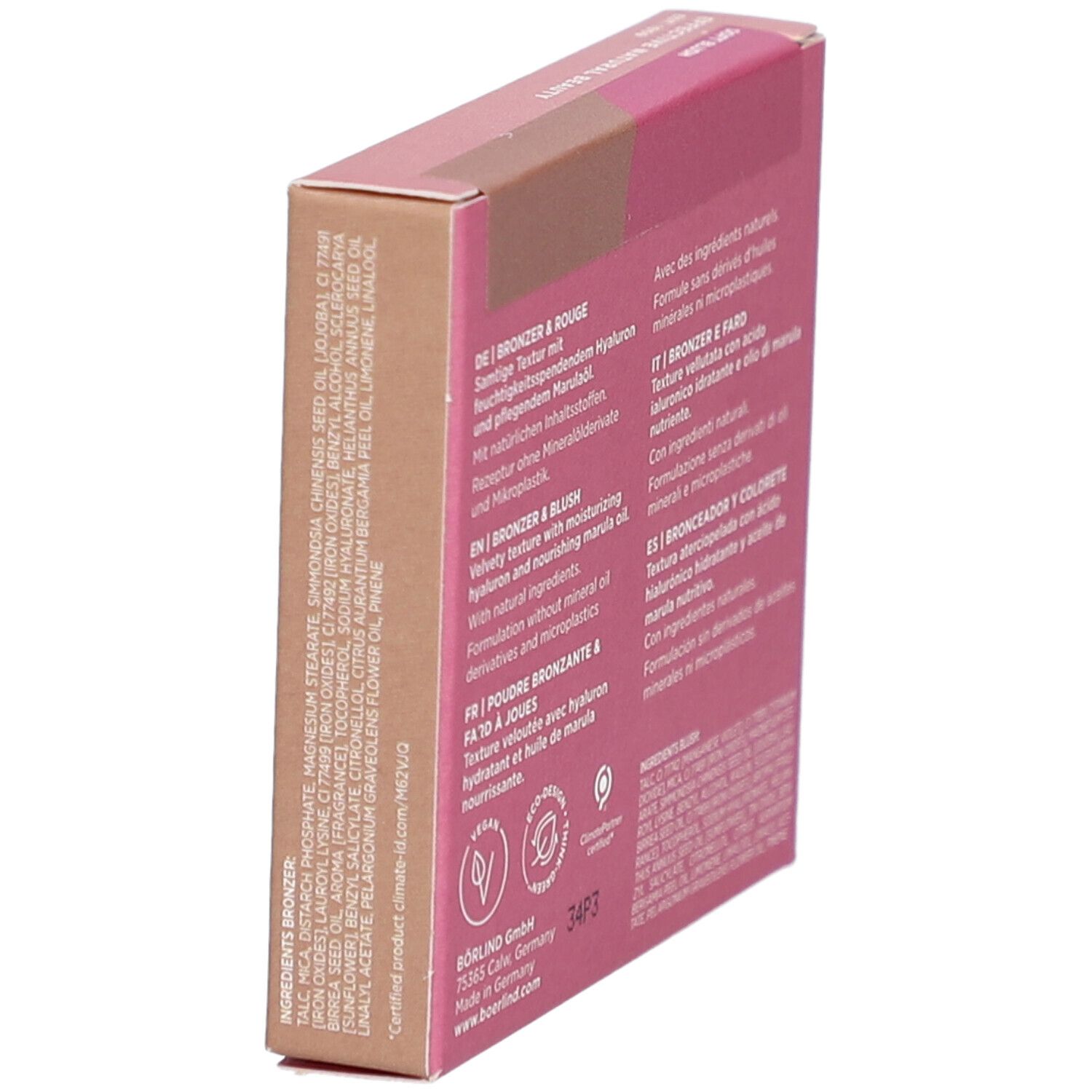 Rückseite der rosa-braunen Kartonverpackung. Text in Deutsch, Englisch, Französisch und Italienisch. Inhaltsstoffe und Logos.