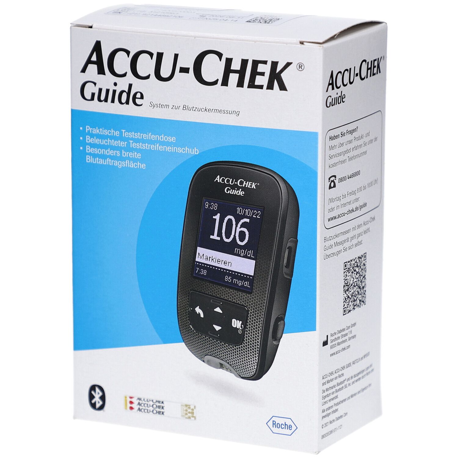 Verpackung von ACCU-CHEK Guide. Auf der Vorderseite ist ein Blutzuckermessgerät mit Display abgebildet. Das Gerät zeigt einen Wert von 106 mg/dL an.