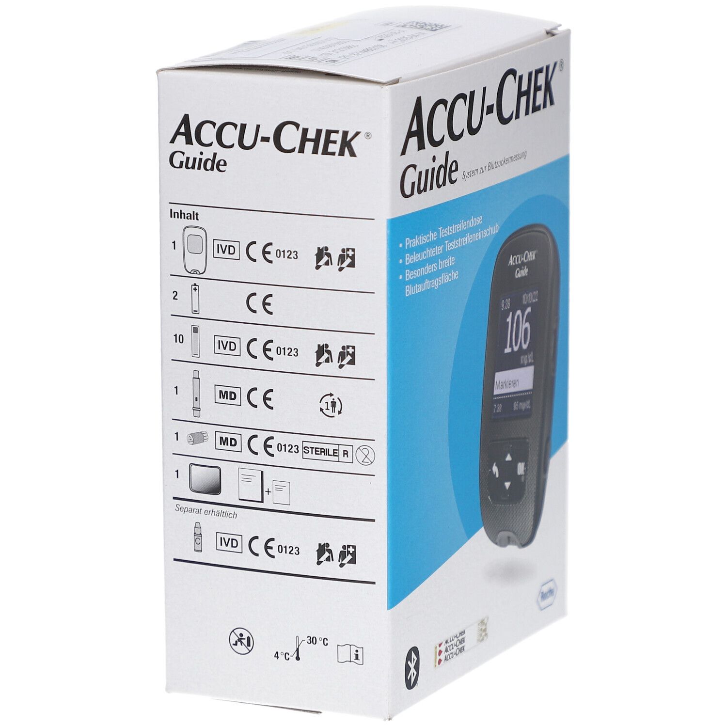 Verpackung von ACCU-CHEK Guide. Die Seite zeigt eine Auflistung von Inhaltsstoffen und Symbole, darunter CE-Kennzeichnung und IVD.