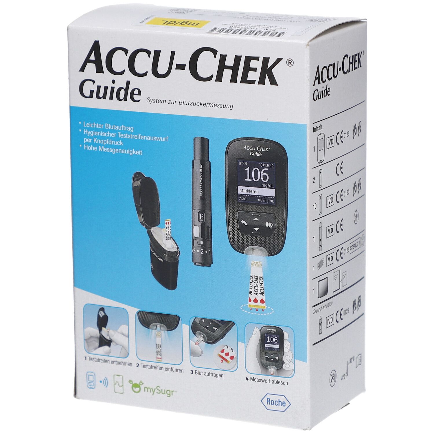 Verpackung von ACCU-CHEK Guide mit Zubehör. Enthält ein Blutzuckermessgerät, Stechhilfe, Teststreifen und Anwendungsbeispiele.
