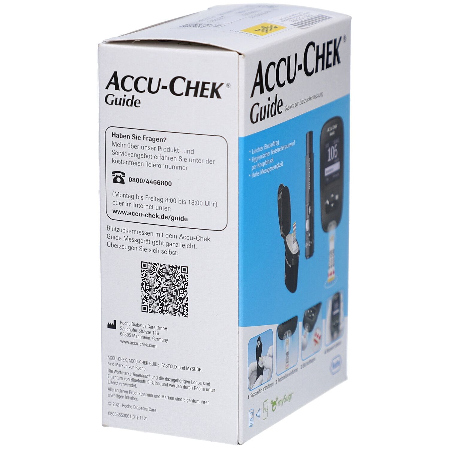Rückseite der ACCU-CHEK Guide Verpackung. Enthält Kontaktinformationen, QR-Code und Anwendungsbeispiele des Produkts.