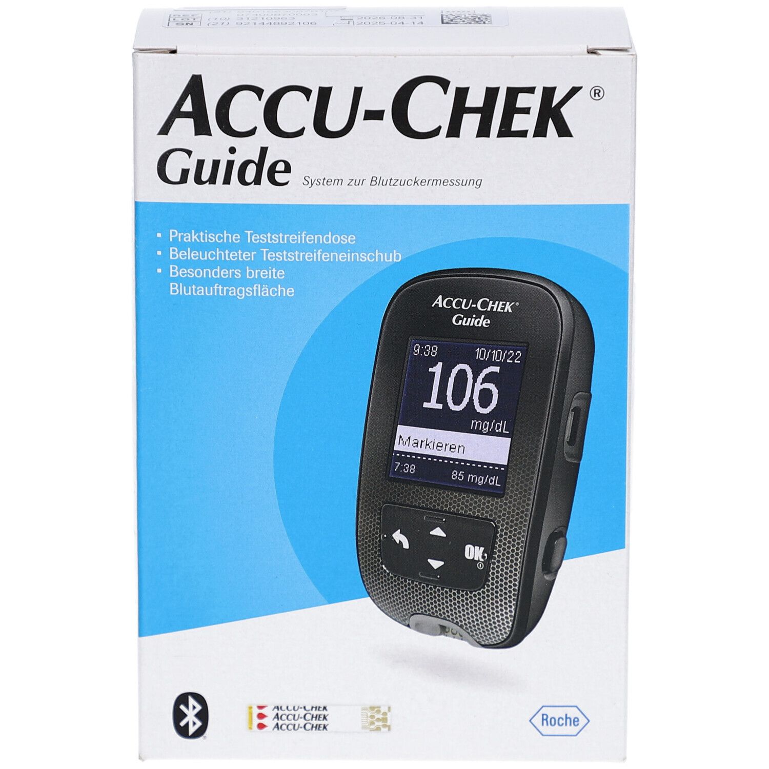 Verpackung von ACCU-CHEK Guide. Auf der Vorderseite ist ein Blutzuckermessgerät mit Display abgebildet. Das Gerät zeigt einen Wert von 106 mg/dL an.