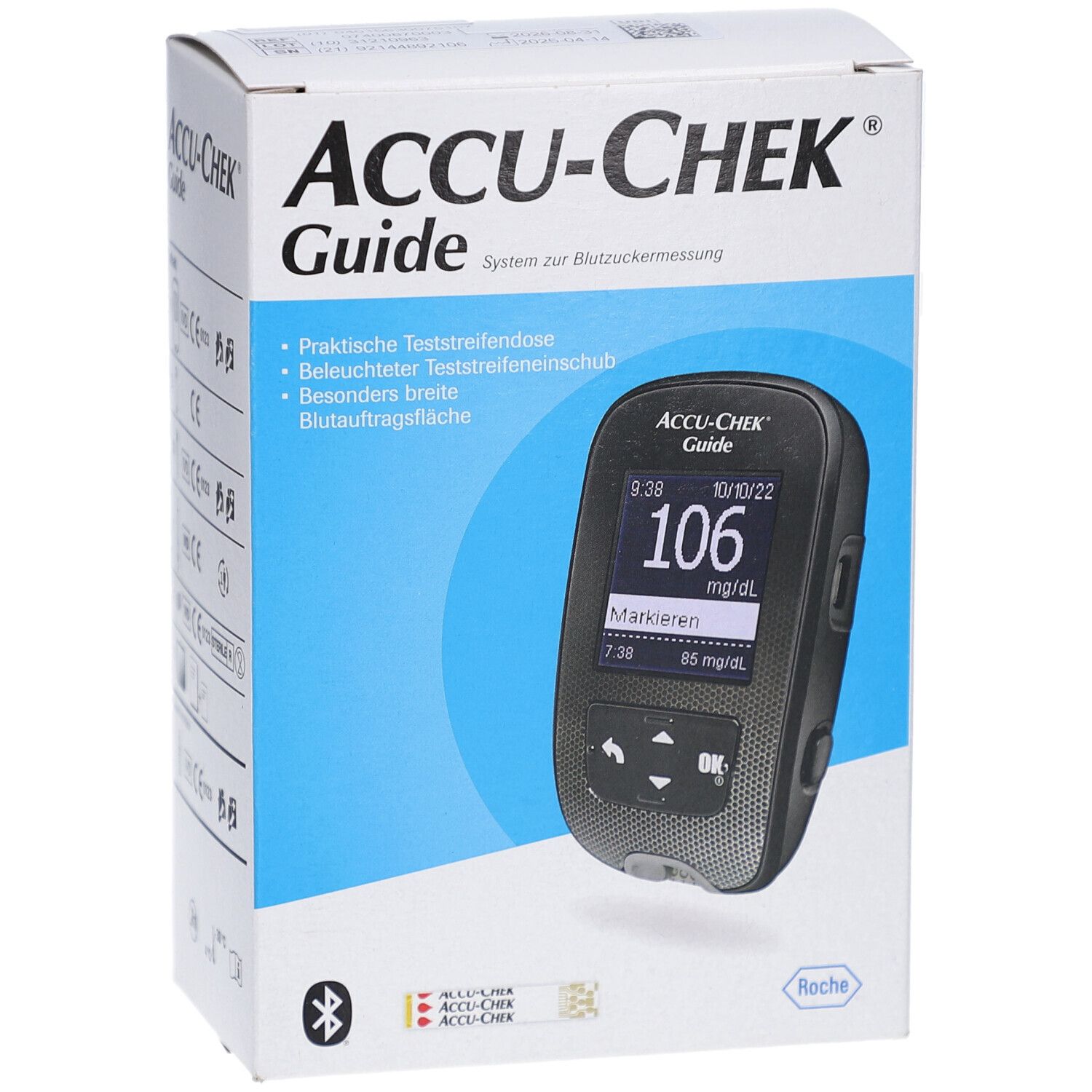 Verpackung von ACCU-CHEK Guide. Auf der Vorderseite ist ein Blutzuckermessgerät mit Display abgebildet. Das Gerät zeigt einen Wert von 106 mg/dL an.