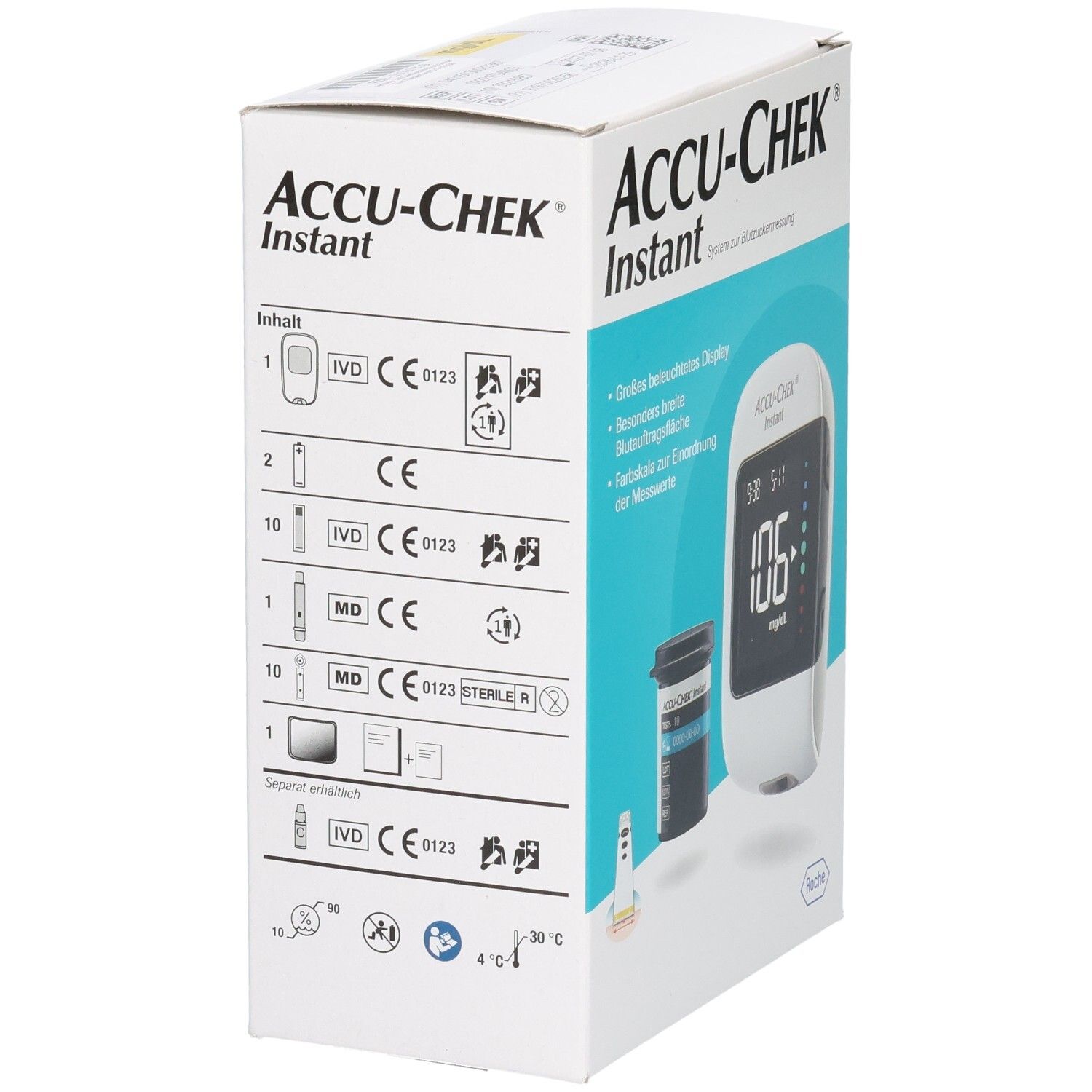Verpackung des ACCU-CHEK Instant Blutzuckermessgeräts mit Inhaltsübersicht und CE-Kennzeichnungen.