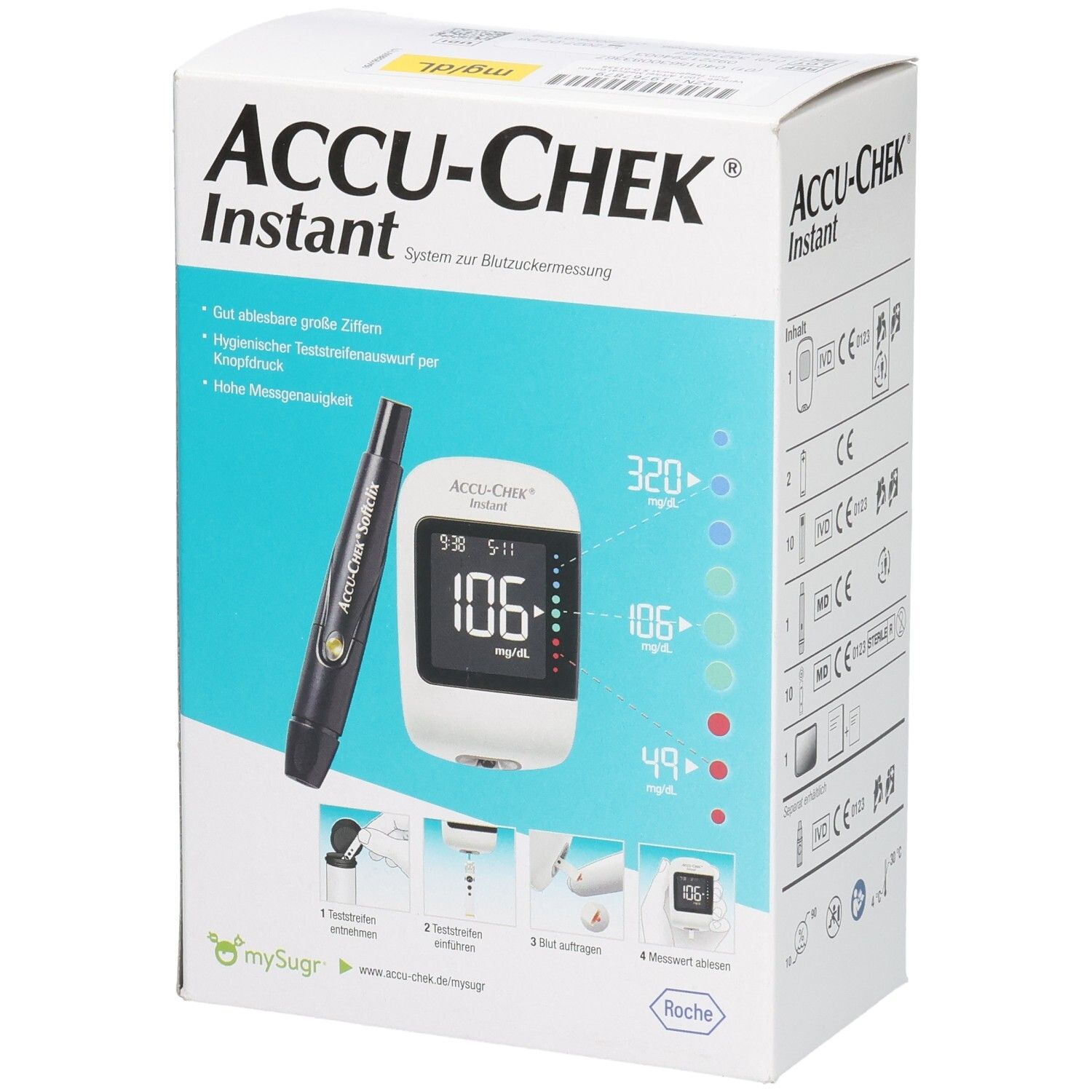 ACCU-CHEK Instant Blutzuckermessgerät mit Lanzette, Teststreifenbehälter und Anwendungsabbildungen auf der Verpackung.