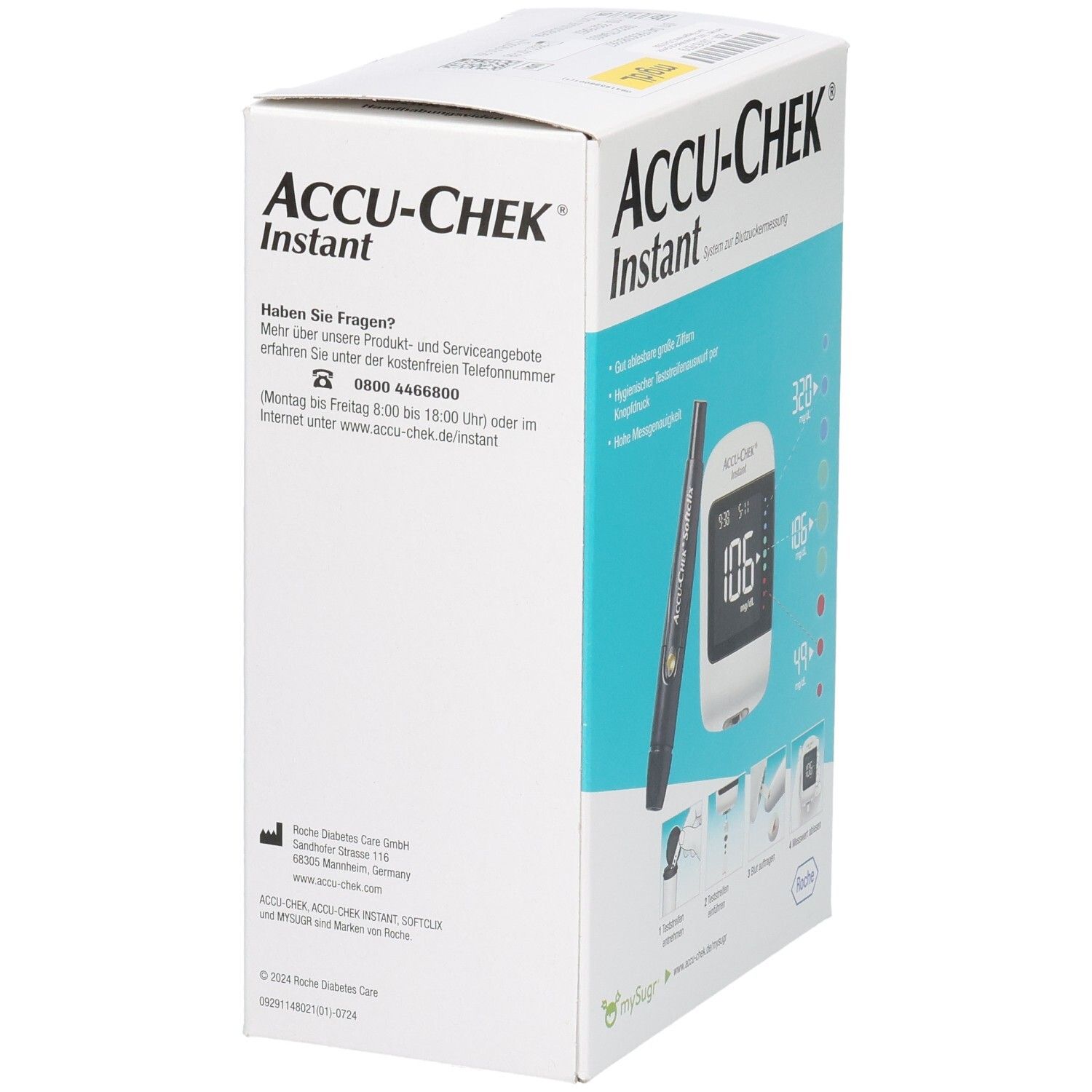 Rückseite der ACCU-CHEK Instant Verpackung mit Kontaktinformationen und Herstellerangaben.