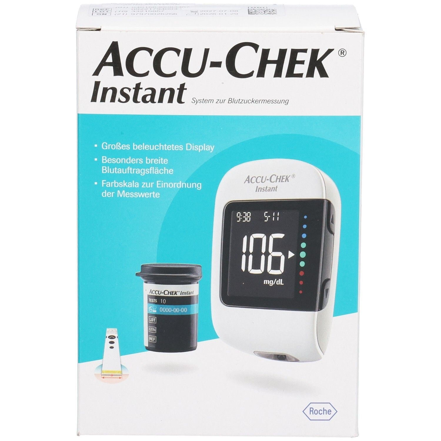 ACCU-CHEK Instant Blutzuckermessgerät mit Teststreifenbehälter und Lanzette auf der Verpackung.