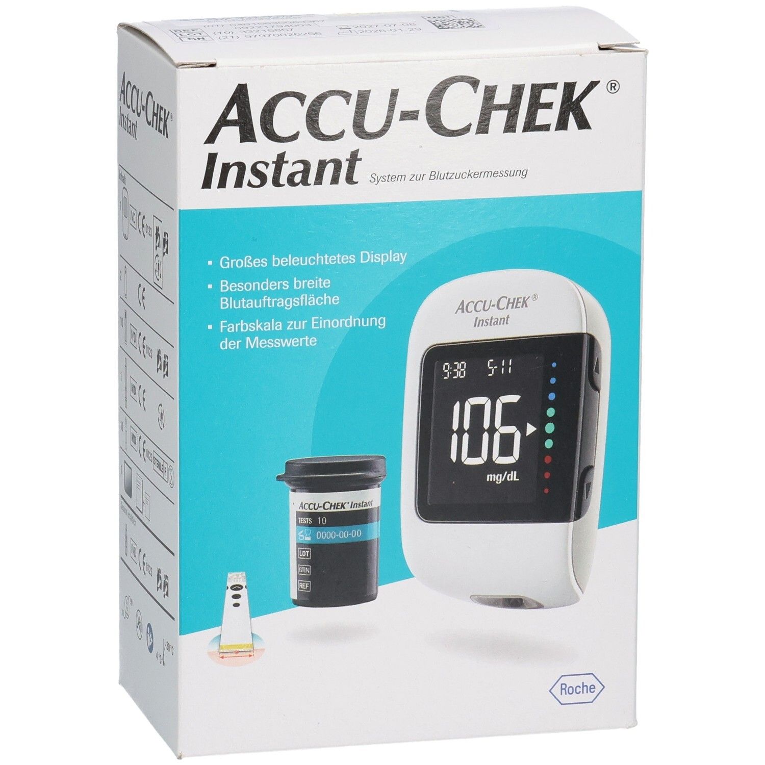 ACCU-CHEK Instant Blutzuckermessgerät mit Teststreifenbehälter und Lanzette auf der Verpackung.