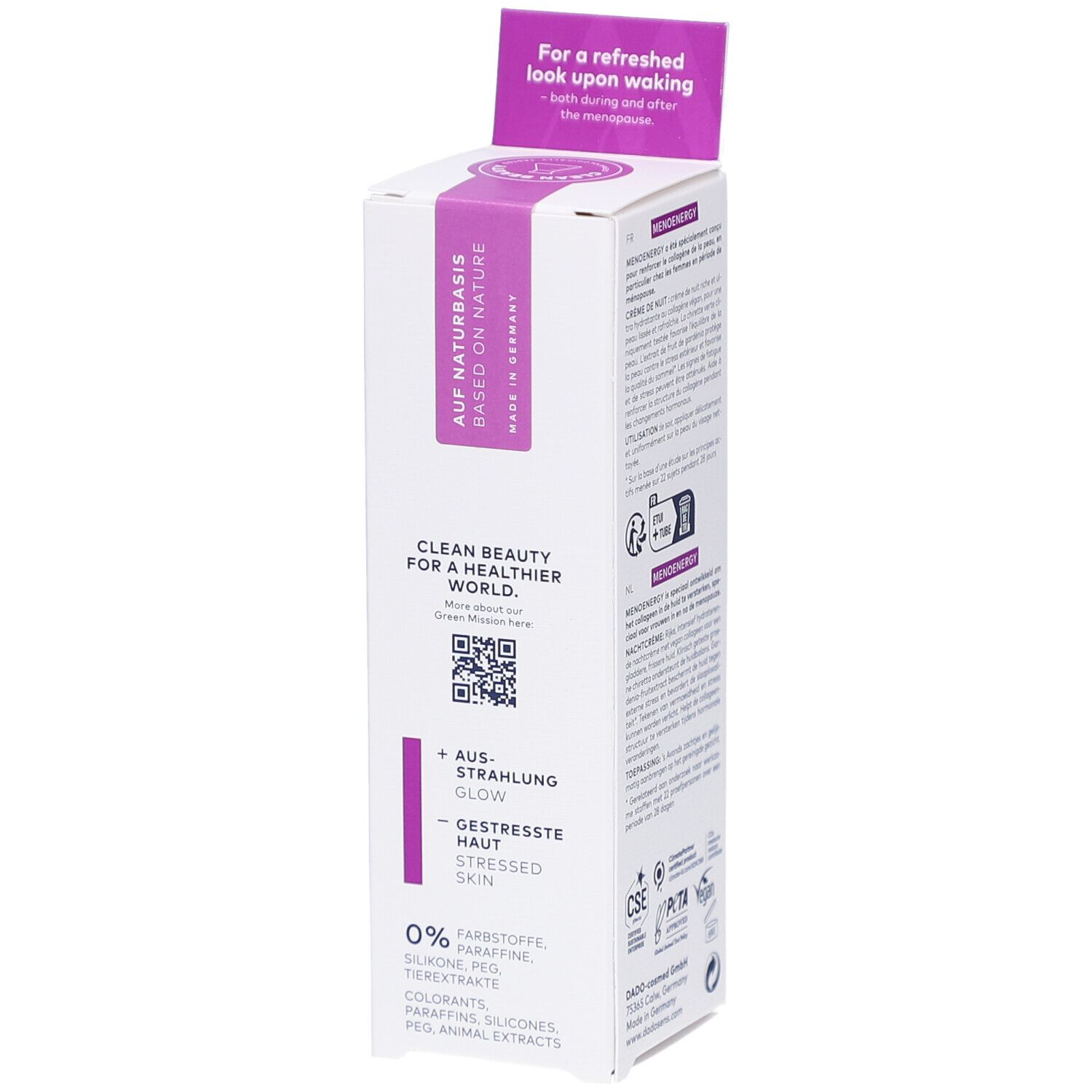 Verpackung von DADOSENS MENOENERGY SLEEP WELL Nachtcreme. Aufschrift 'Auf Naturbasis'. QR-Code und Text über Haut.