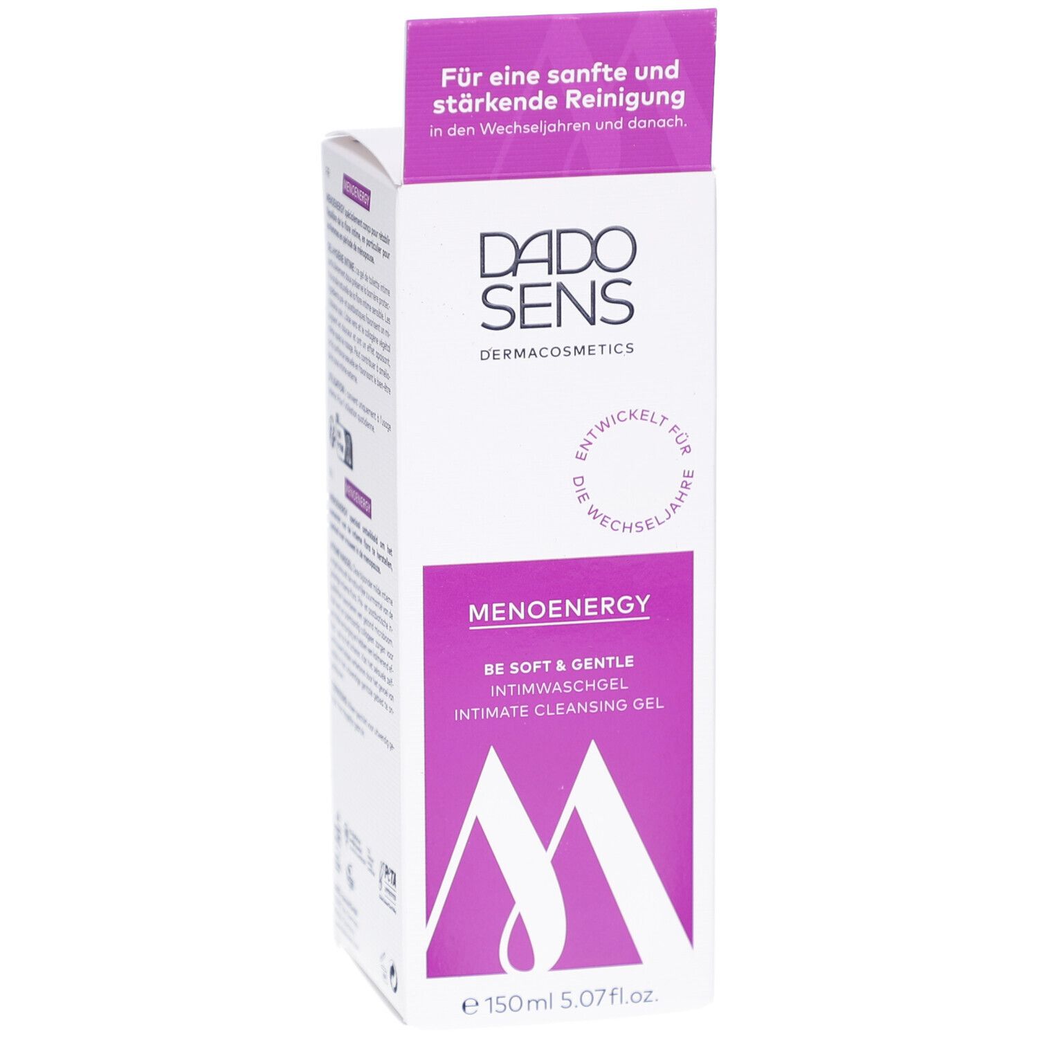 Weißer Karton mit lila Akzenten. Aufschrift: DADO SENS, MENOENERGY, Intimwaschgel. Volumen: 150ml. Ansicht schräg.