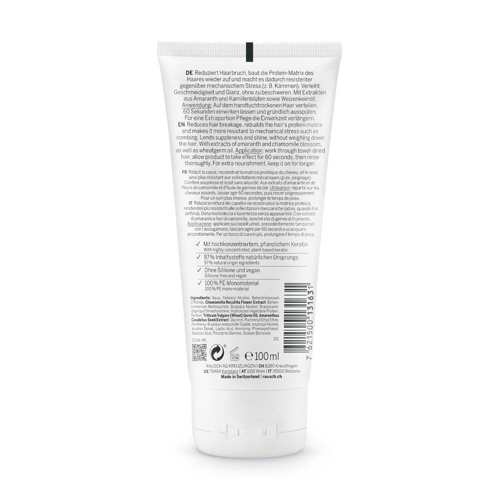 Rückseite einer weißen Tube. Text in Deutsch und Englisch. Inhaltsstoffe und Informationen zur Anwendung. 100% PE Monomaterial.