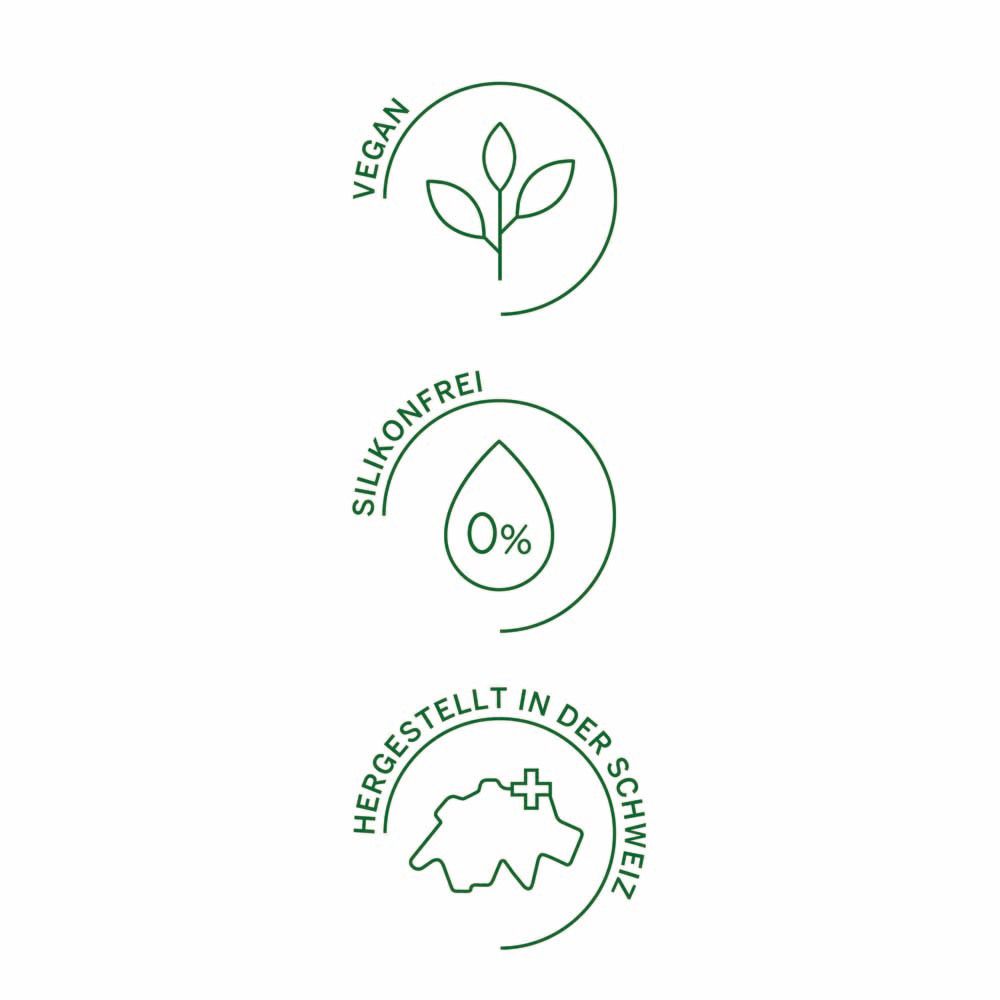 Drei grüne Logos: Vegan, silikonfrei (0%), hergestellt in der Schweiz.