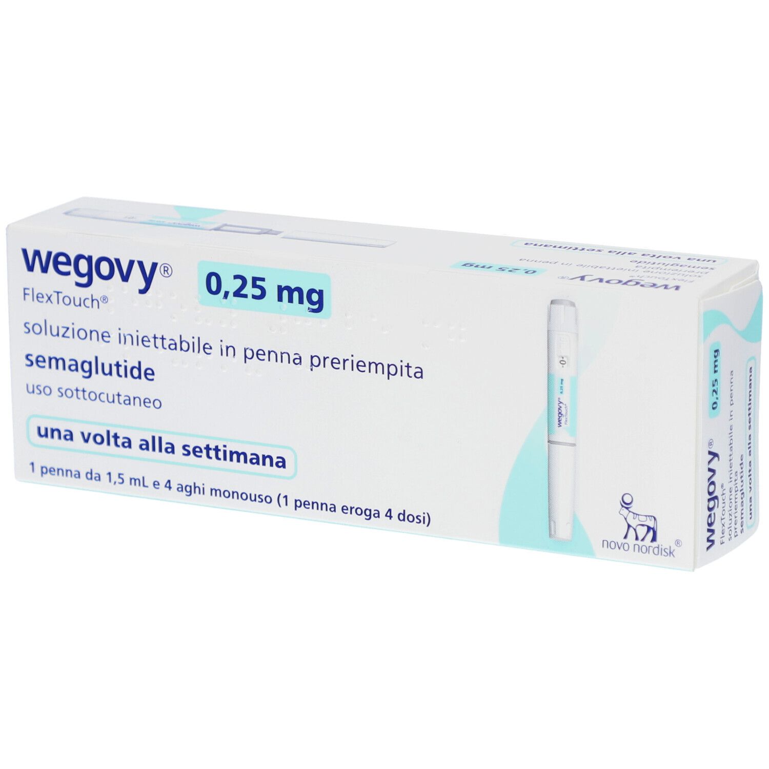 Verpackung von Wegovy 0,25 mg FlexTouch Injektionslsg.Fertigpen. Enthält eine Fertigpen und Text.