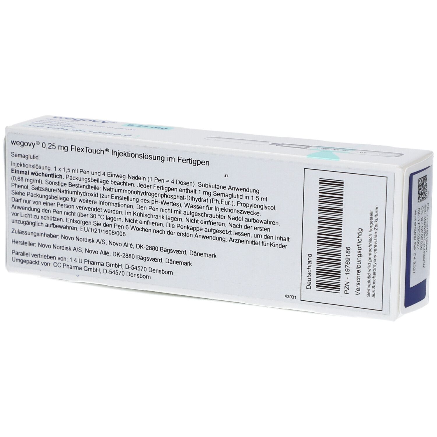 Rückseite der Wegovy 0,25 mg FlexTouch Verpackung. Text mit Inhaltsstoffen und Herstellerinformationen.