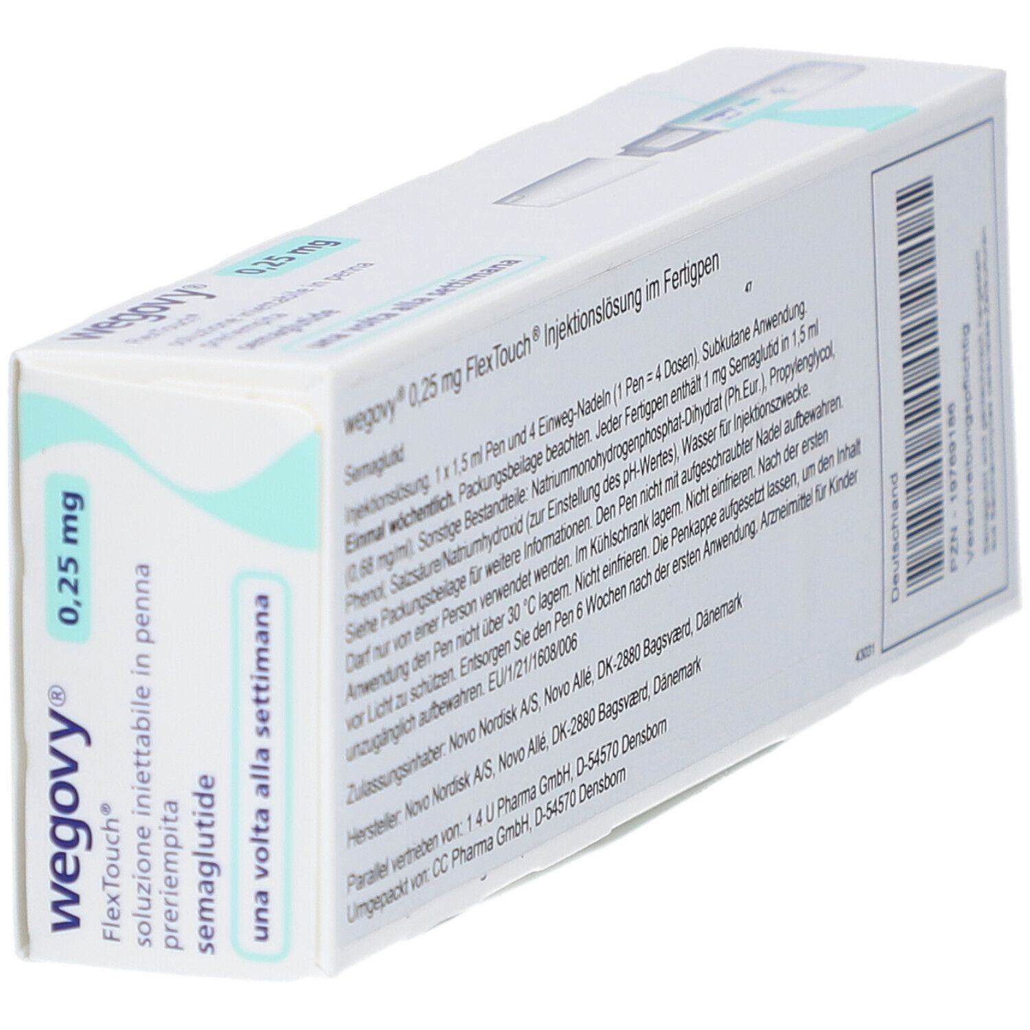Schrägansicht der Wegovy 0,25 mg FlexTouch Verpackung. Text und Produktname sind sichtbar.