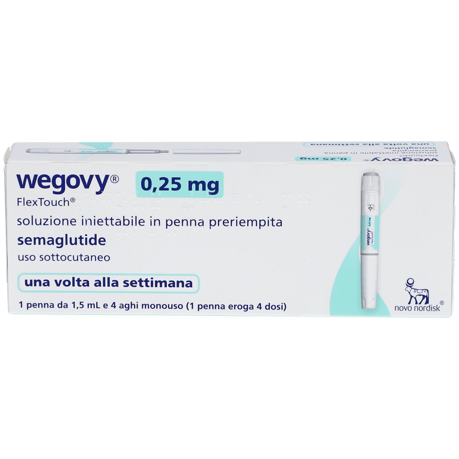 Wegovy 0,25 mg FlexTouch Verpackung. Enthält eine Fertigpen und Text.