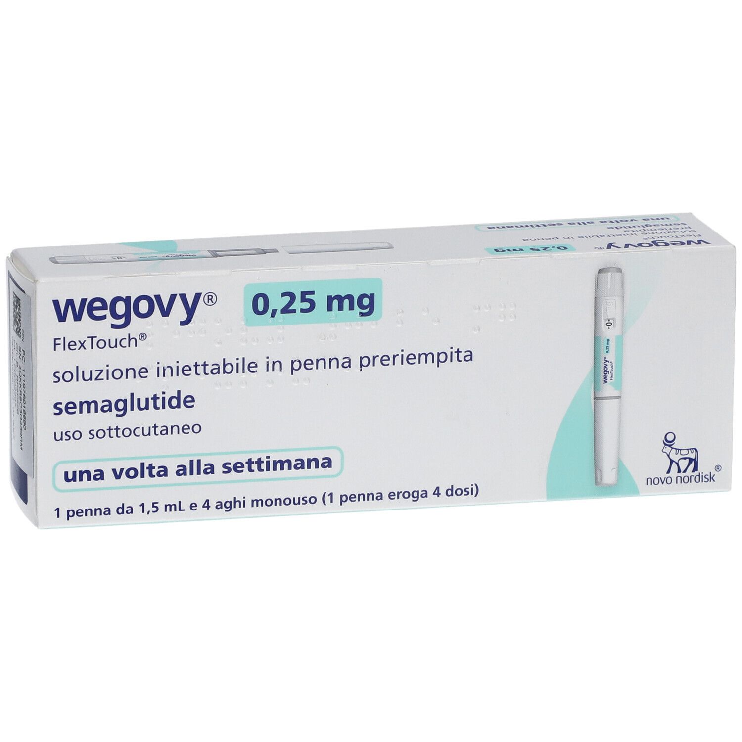 Wegovy 0,25 mg FlexTouch Verpackung. Enthält eine Fertigpen und Text.