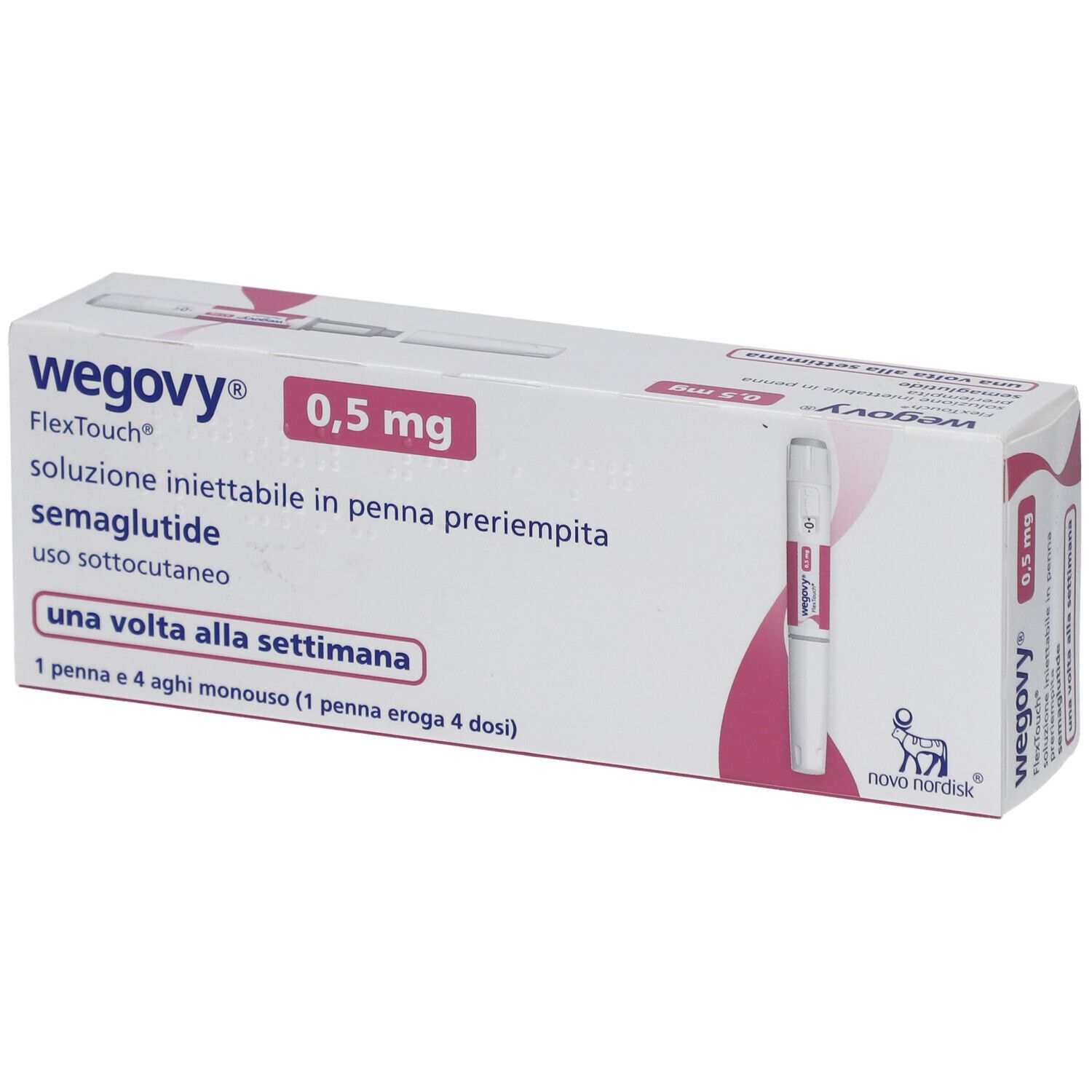 WEGOVY 0,5 mg FlexTouch Injektionslsg.Fertigpen. Weiße Schachtel mit Produktabbildung und Text. Enthält Fertigpen und Nadeln.