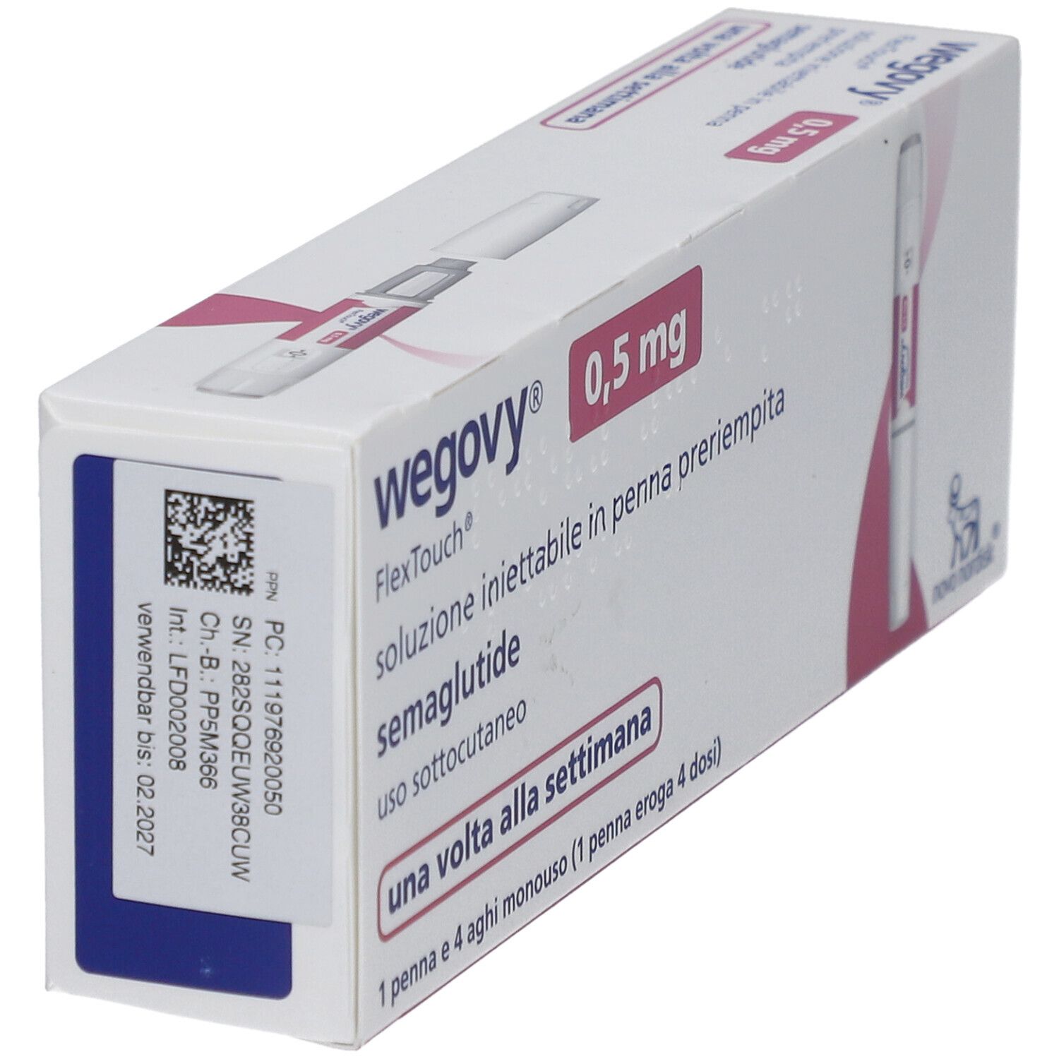 WEGOVY 0,5 mg FlexTouch. Weiße Schachtel mit Text und Barcode. Enthält Fertigpen und Nadeln. Verfallsdatum 02.2027.