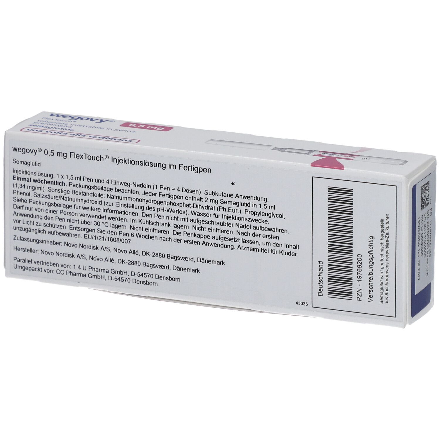 WEGOVY 0,5 mg FlexTouch Injektionslsg.Fertigpen. Weiße Schachtel mit Text. Enthält Informationen zur Anwendung und Inhaltsstoffe.