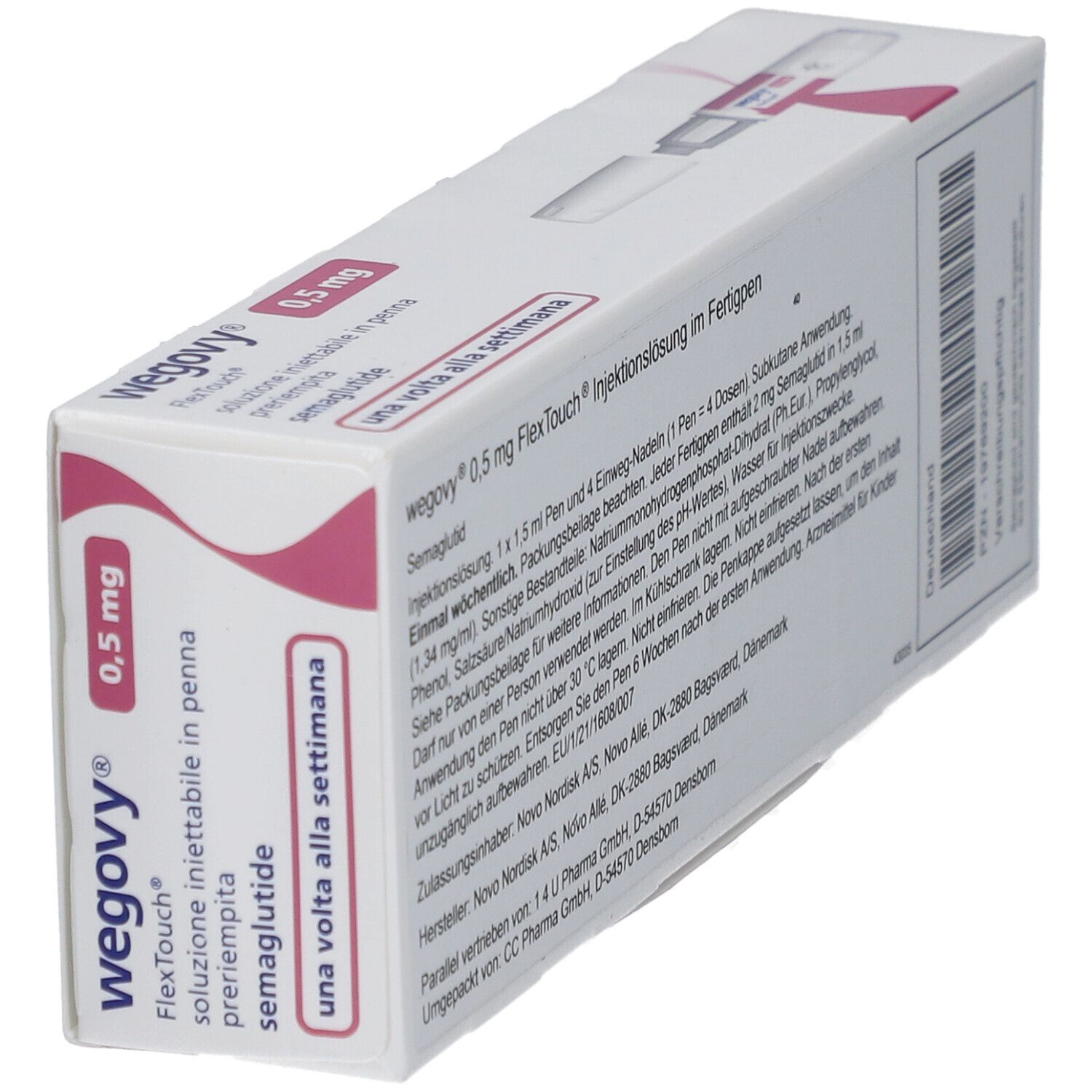 WEGOVY 0,5 mg FlexTouch Injektionslsg.Fertigpen. Weiße Schachtel mit Text. Enthält Informationen zur Anwendung und Inhaltsstoffe.
