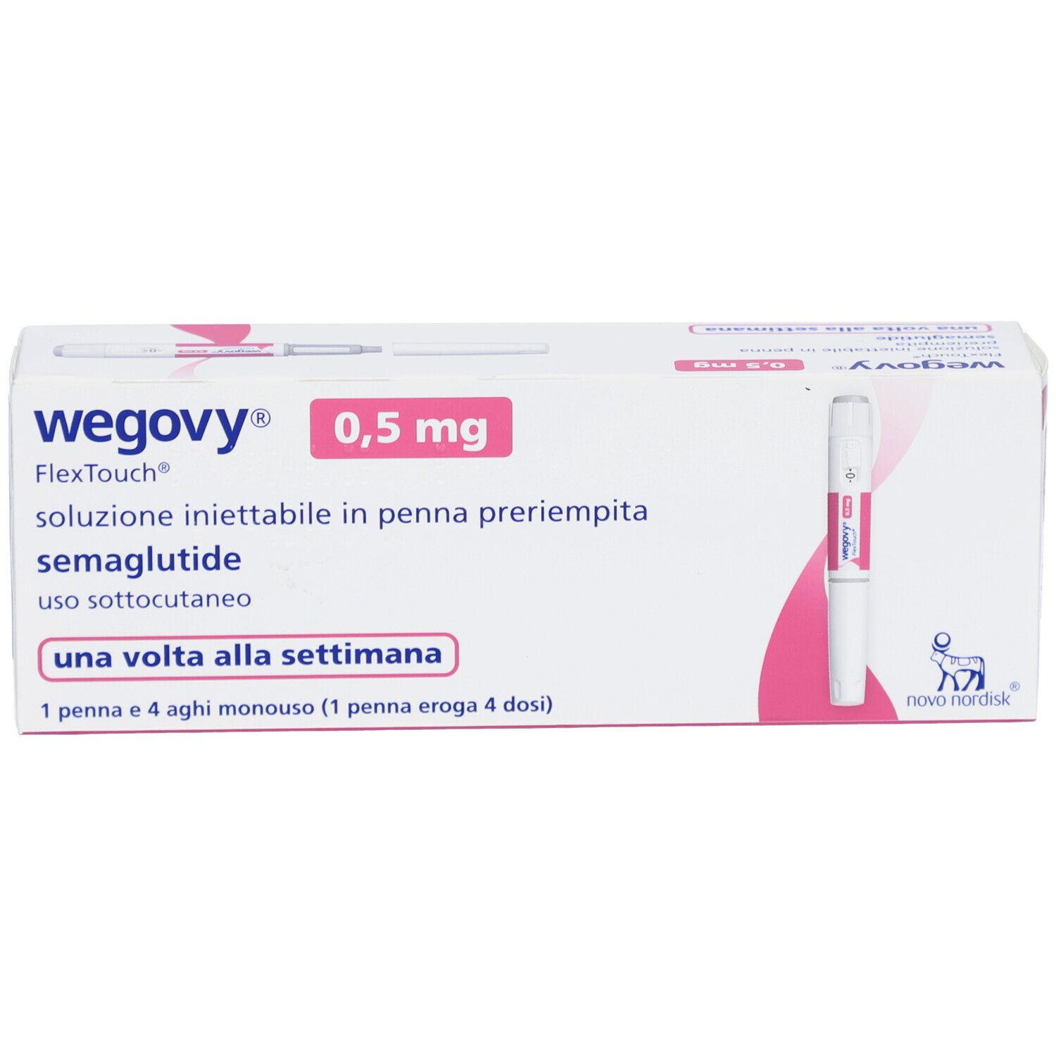 WEGOVY 0,5 mg FlexTouch Injektionslsg.Fertigpen. Weiße Schachtel mit Produktabbildung und Text. Enthält Fertigpen und Nadeln.