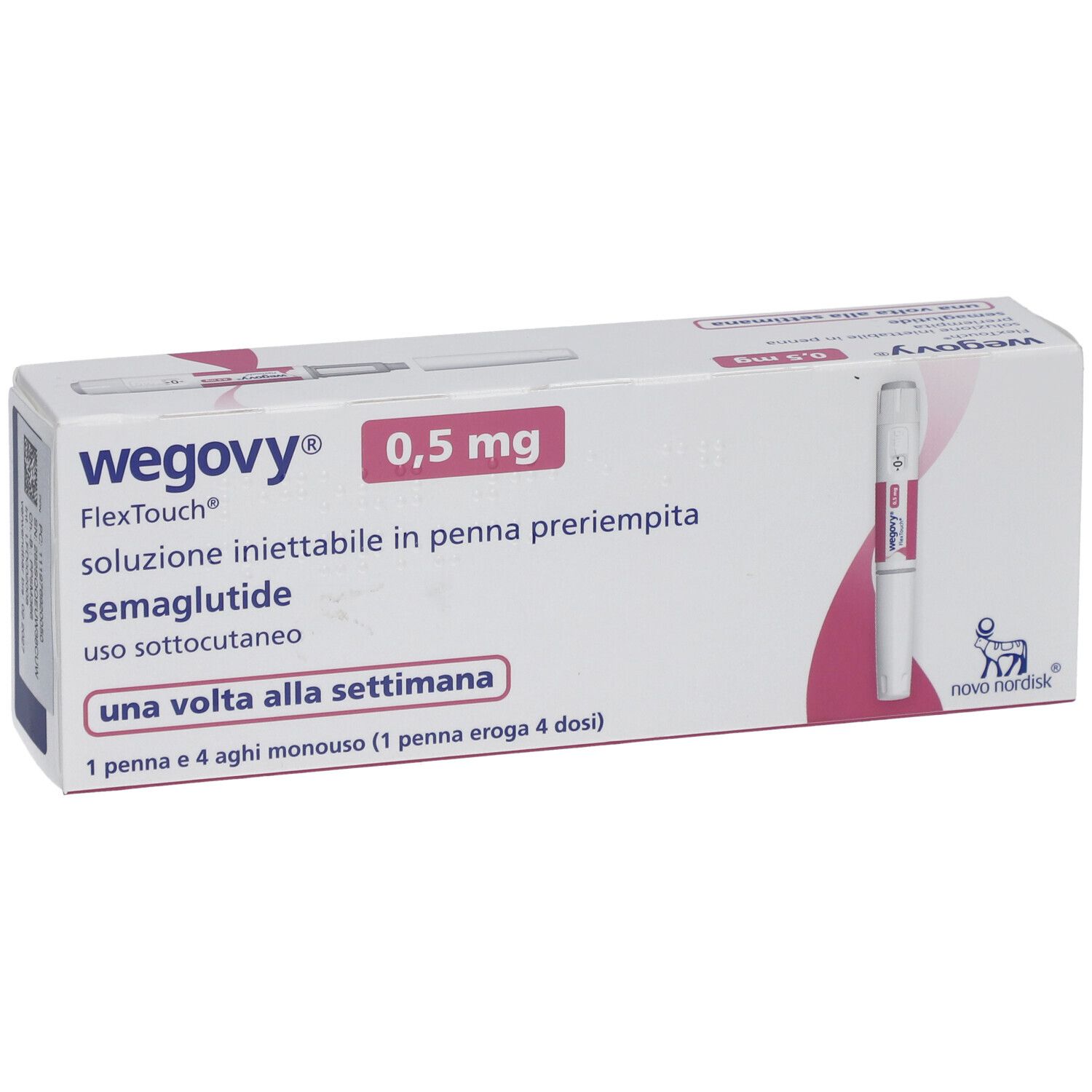 WEGOVY 0,5 mg FlexTouch Injektionslsg.Fertigpen. Weiße Schachtel mit Produktabbildung und Text. Enthält Fertigpen und Nadeln.