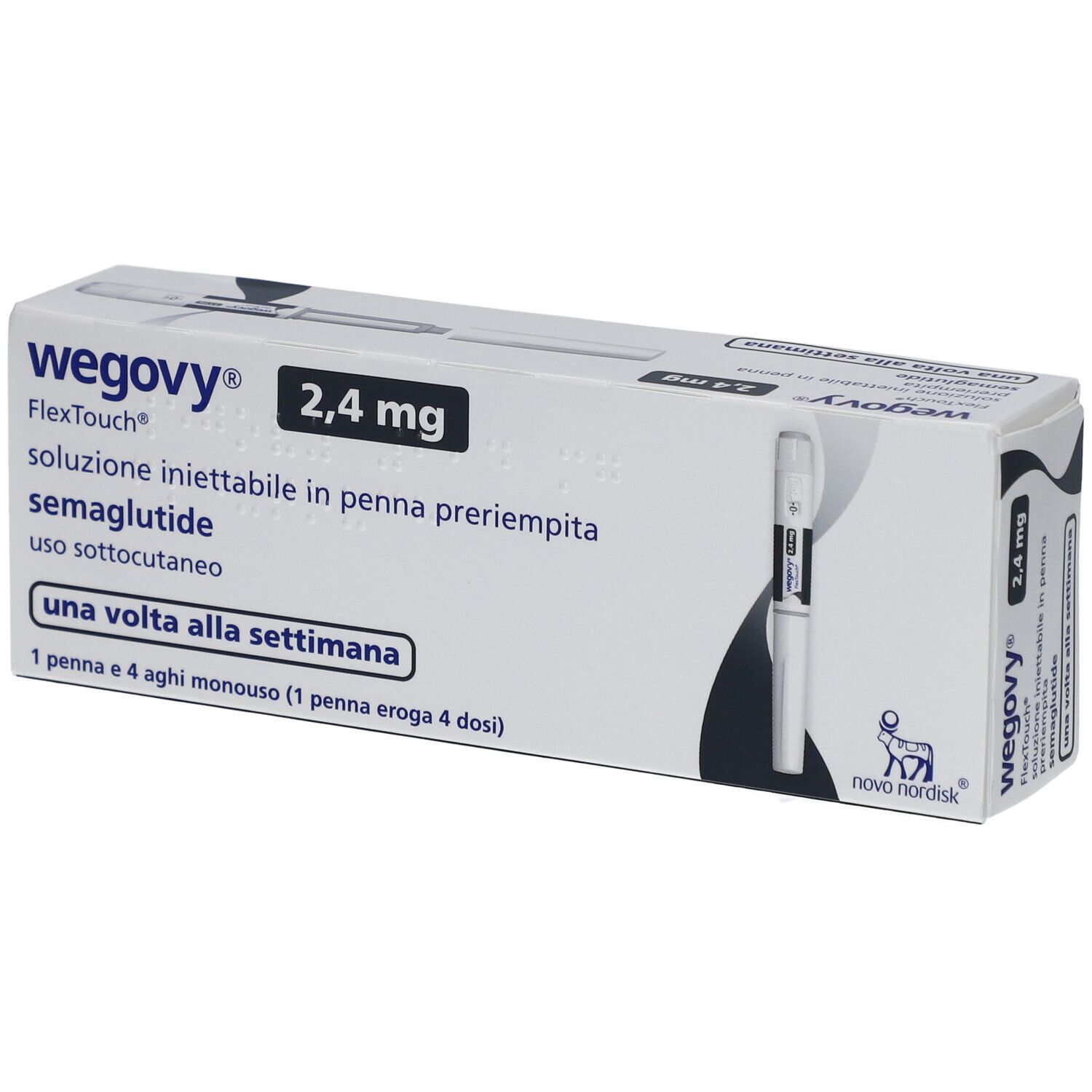 Verpackung von WEGOVY 2,4 mg FlexTouch Injektionslsg.Fertigpen. Enthält eine Fertigpen und Nadeln. Aufschrift: 2,4 mg, semaglutide.