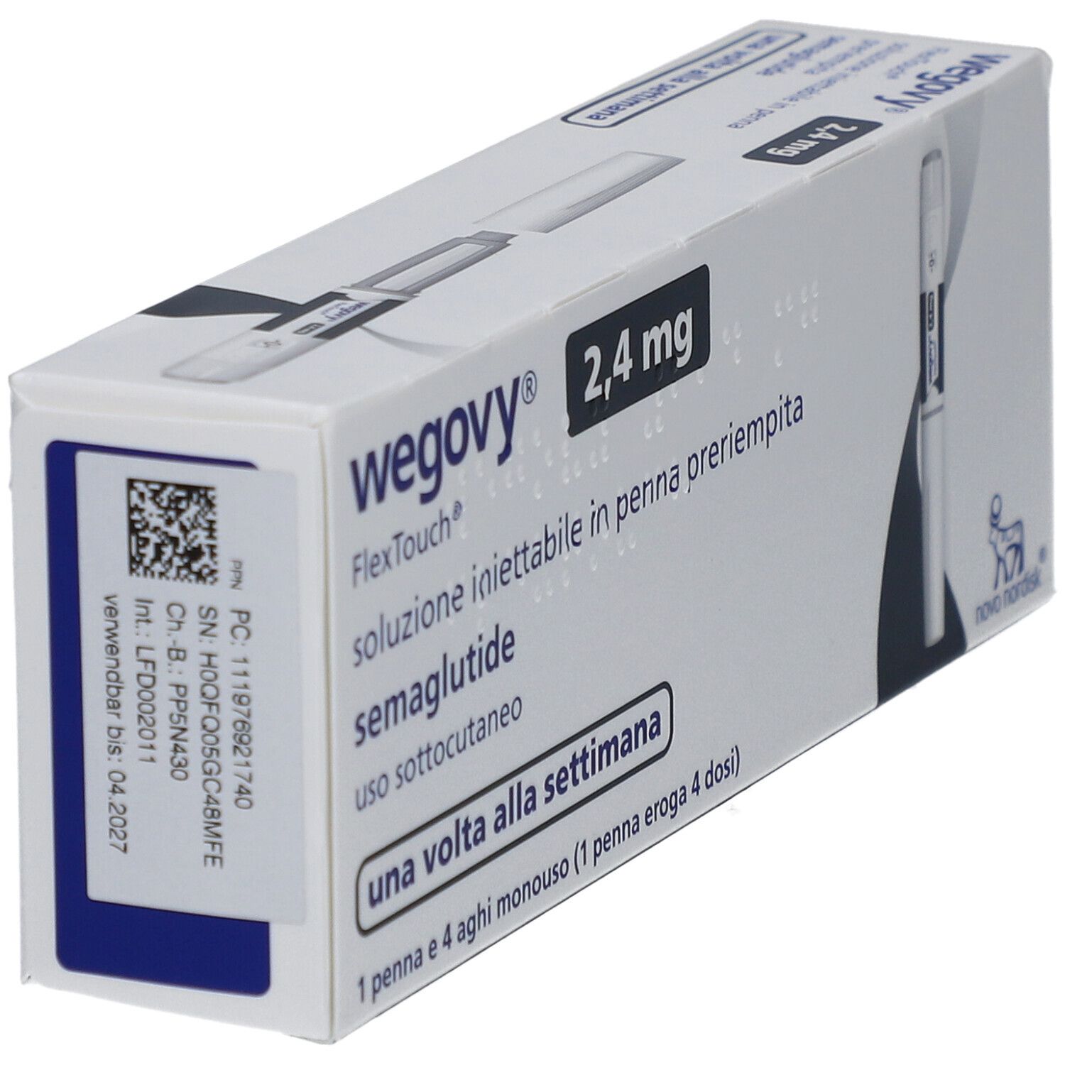 Verpackung von WEGOVY 2,4 mg FlexTouch Injektionslsg.Fertigpen. Enthält eine Fertigpen. Aufschrift: 2,4 mg, semaglutide. Etikett mit Informationen.
