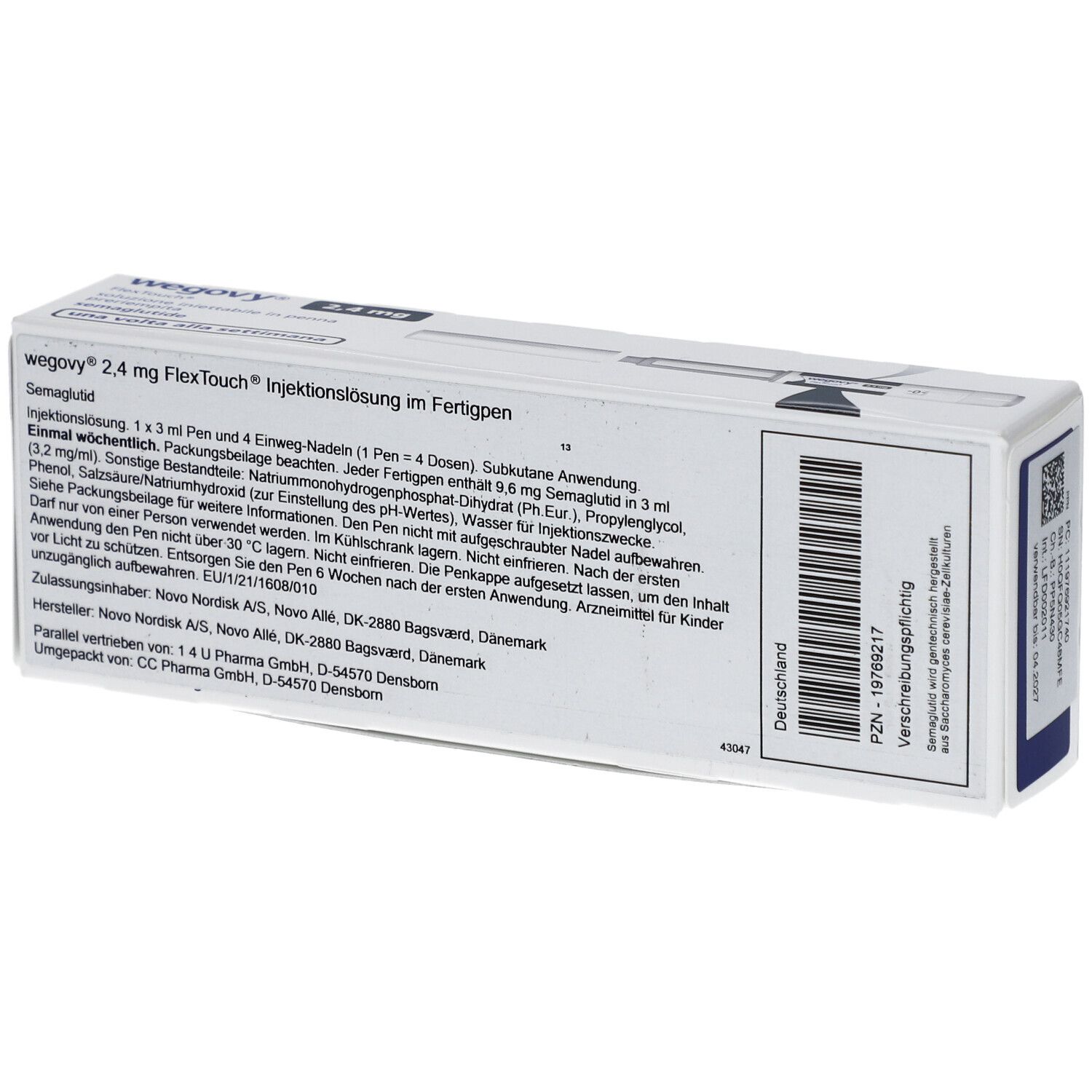 Rückseite der Verpackung von WEGOVY 2,4 mg FlexTouch Injektionslsg.Fertigpen. Textinformationen, Barcode, Herstellerangaben.