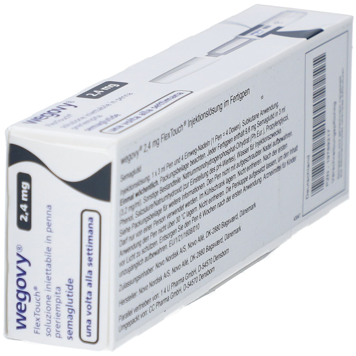 Schrägansicht der Verpackung von WEGOVY 2,4 mg FlexTouch Injektionslsg.Fertigpen. Textinformationen, Aufschrift: 2,4 mg, semaglutide.